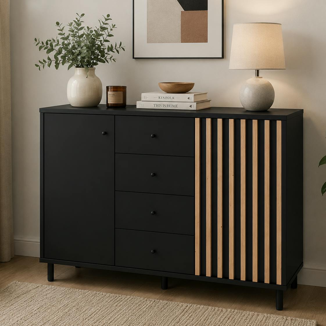 Buffet design noir et décor bois 2 portes 4 tiroirs NOREN