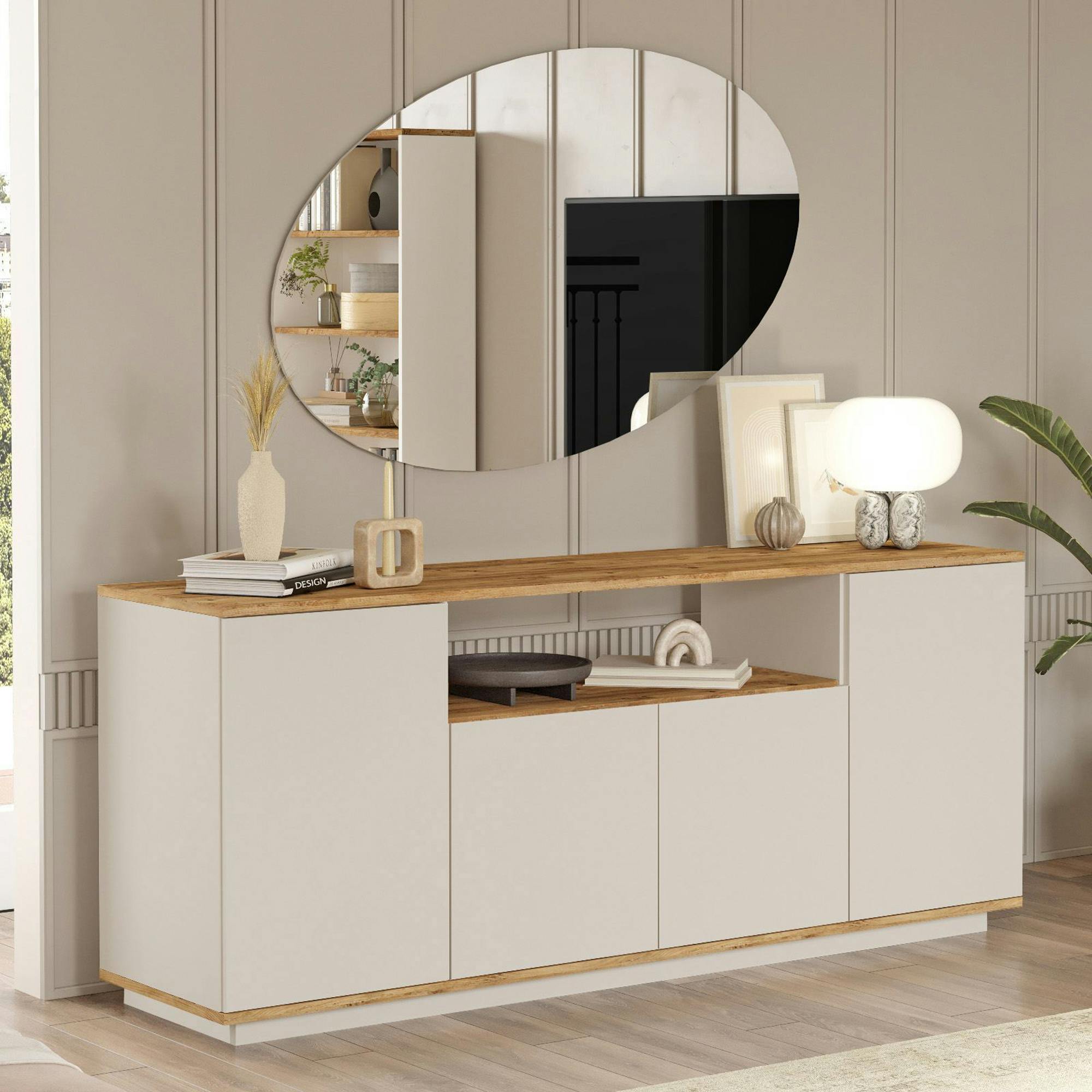 Buffet double plateau 4 portes décor pin et beige MARFA