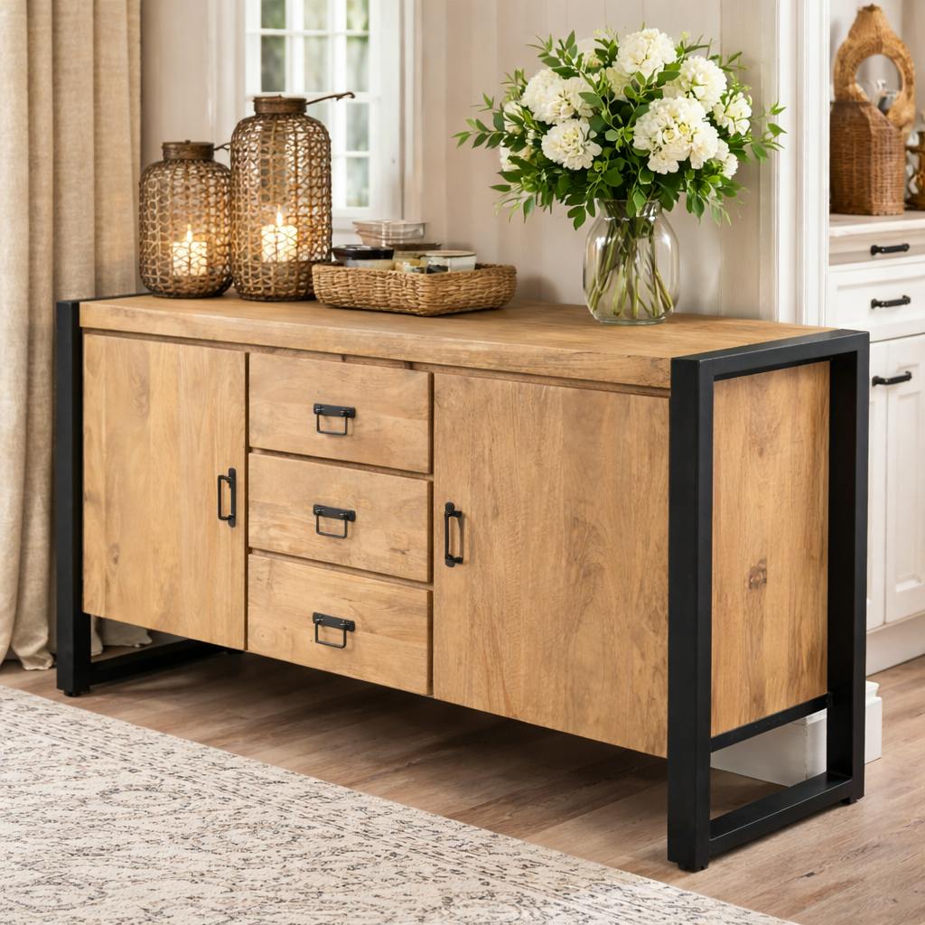 Buffet en bois clair et métal noir 2 portes MILORA