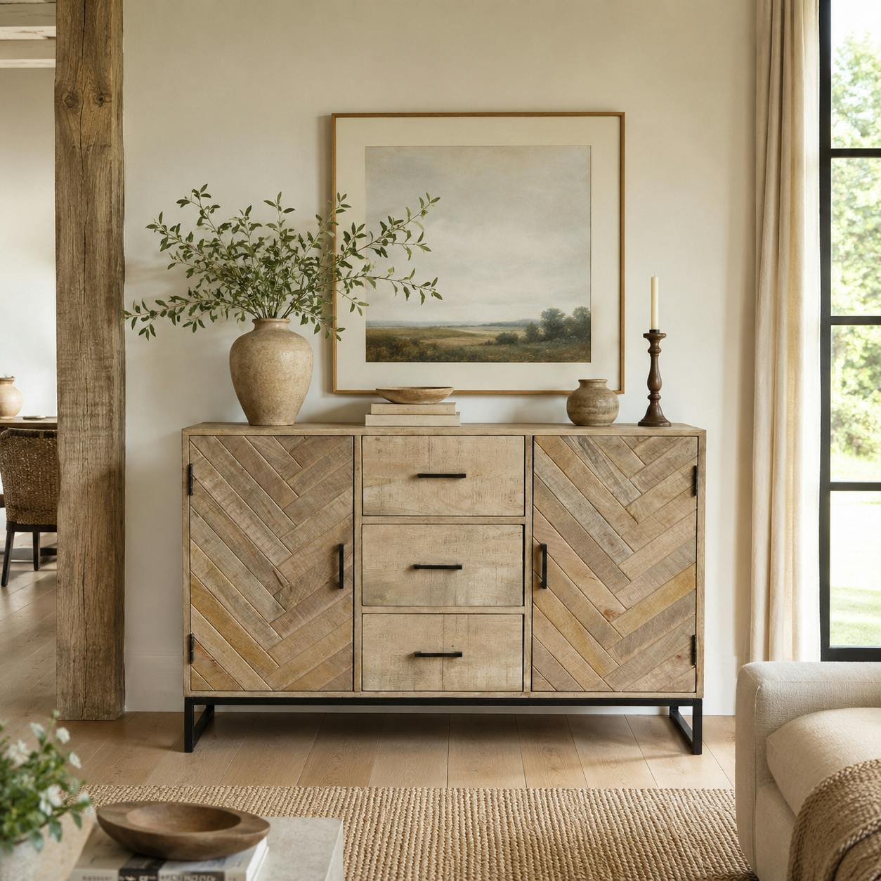 Buffet en bois massif 2 portes 3 tiroirs BRIX