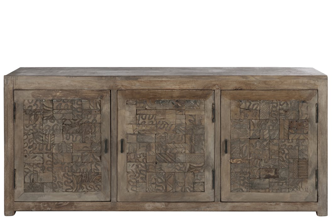 Buffet en bois naturel, 3 portes gravées 175x45x76cm