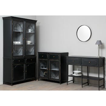 Buffet en bois noir, 2 tiroirs et 2 portes vitrées avec décor métal 101x45x100cm ACADEMIE