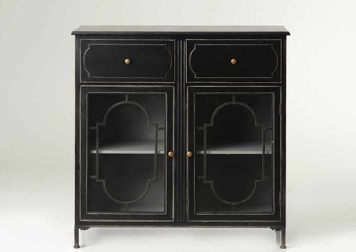 Buffet en bois noir, 2 tiroirs et 2 portes vitrées avec décor métal 101x45x100cm ACADEMIE