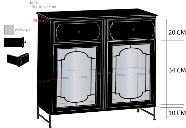 Buffet en bois noir, 2 tiroirs et 2 portes vitrées avec décor métal 101x45x100cm ACADEMIE