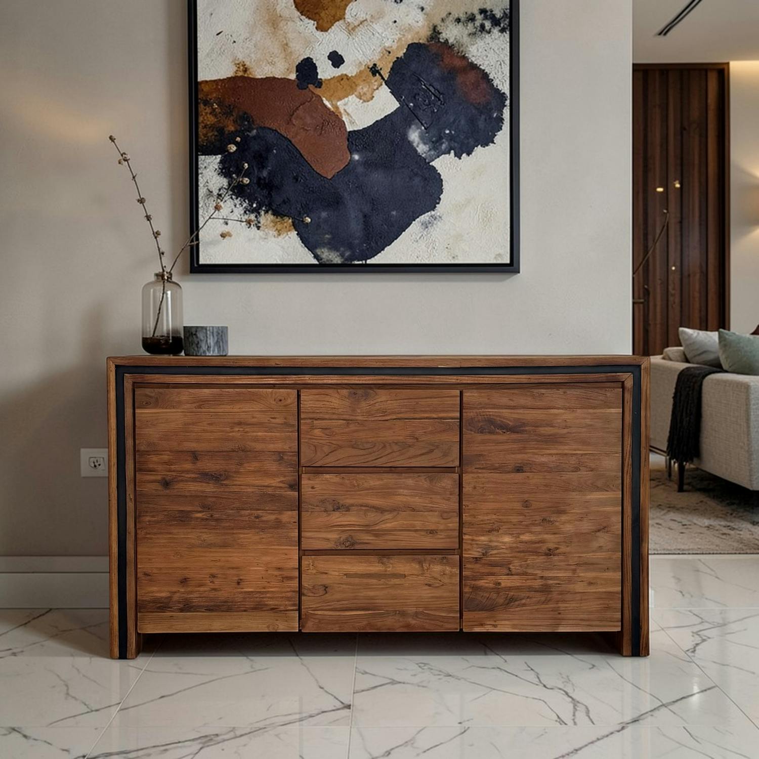 Buffet en bois recyclé de teck 2 portes 3 tiroirs VADOD