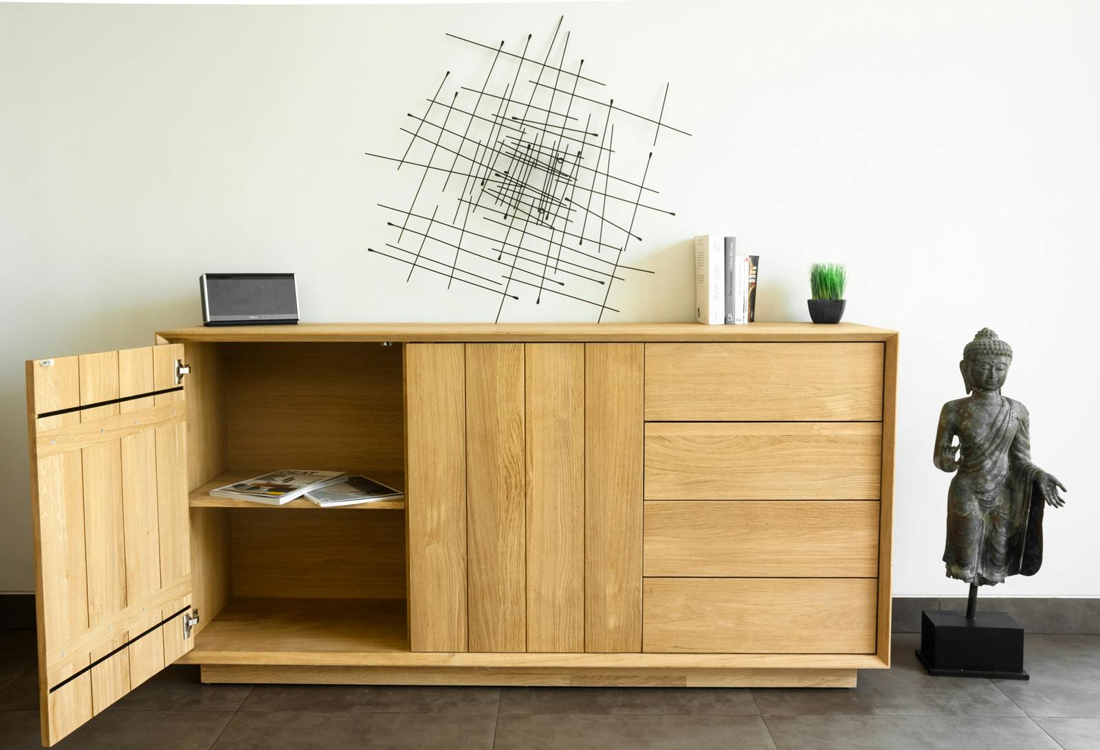 Buffet en Chêne massif naturel, 2 portes et 4 tiroirs 171x45,5x86,2cm KUBICO