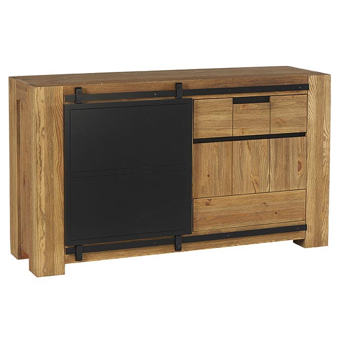 Buffet en bois porte noire coulissante sur rail style industriel