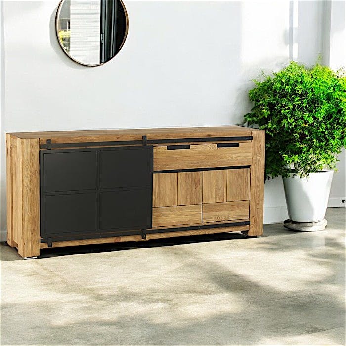 Buffet bahut en bois porte noire coulissante sur rail style industriel