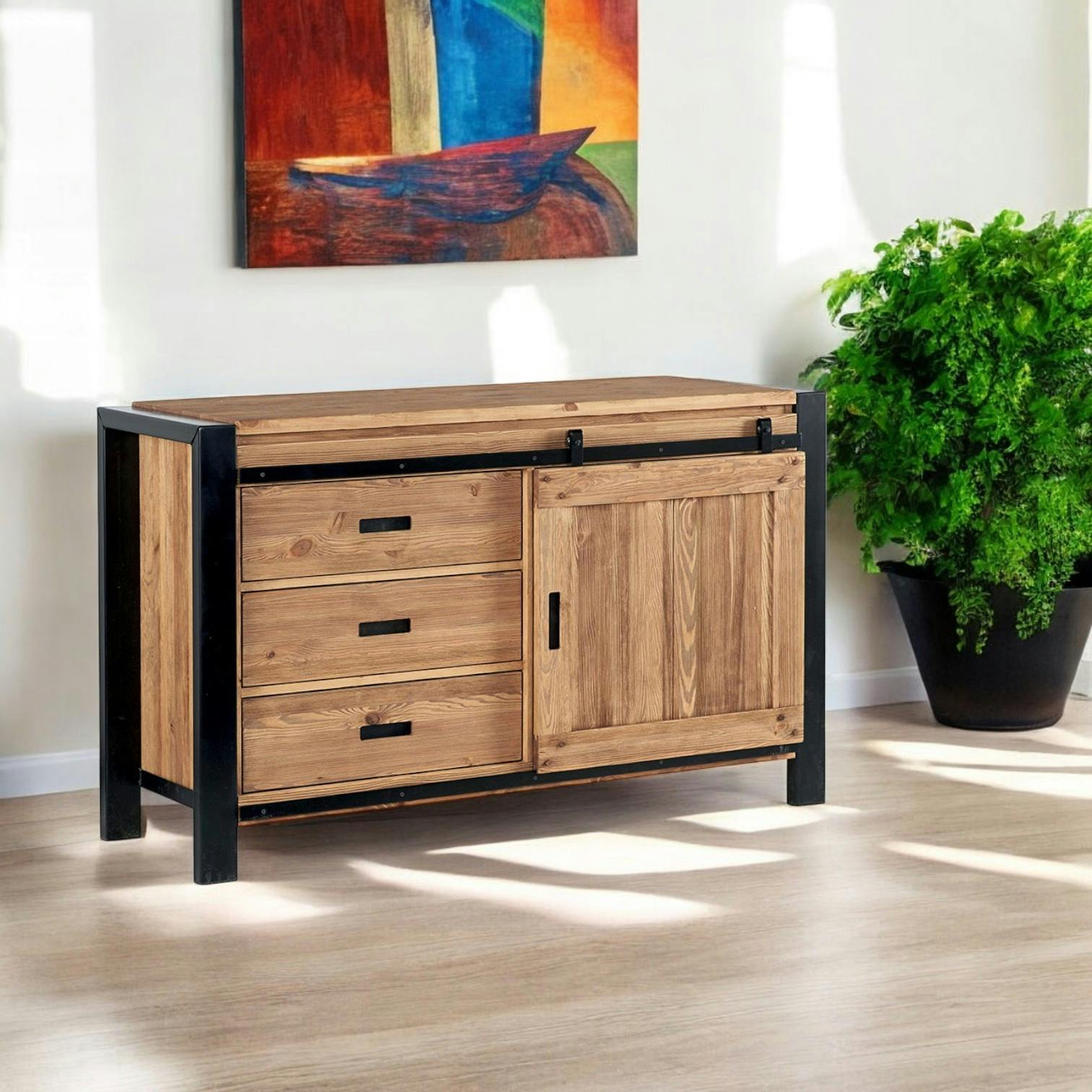 Petit buffet en bois et metal avec porte coulissante de style industriel