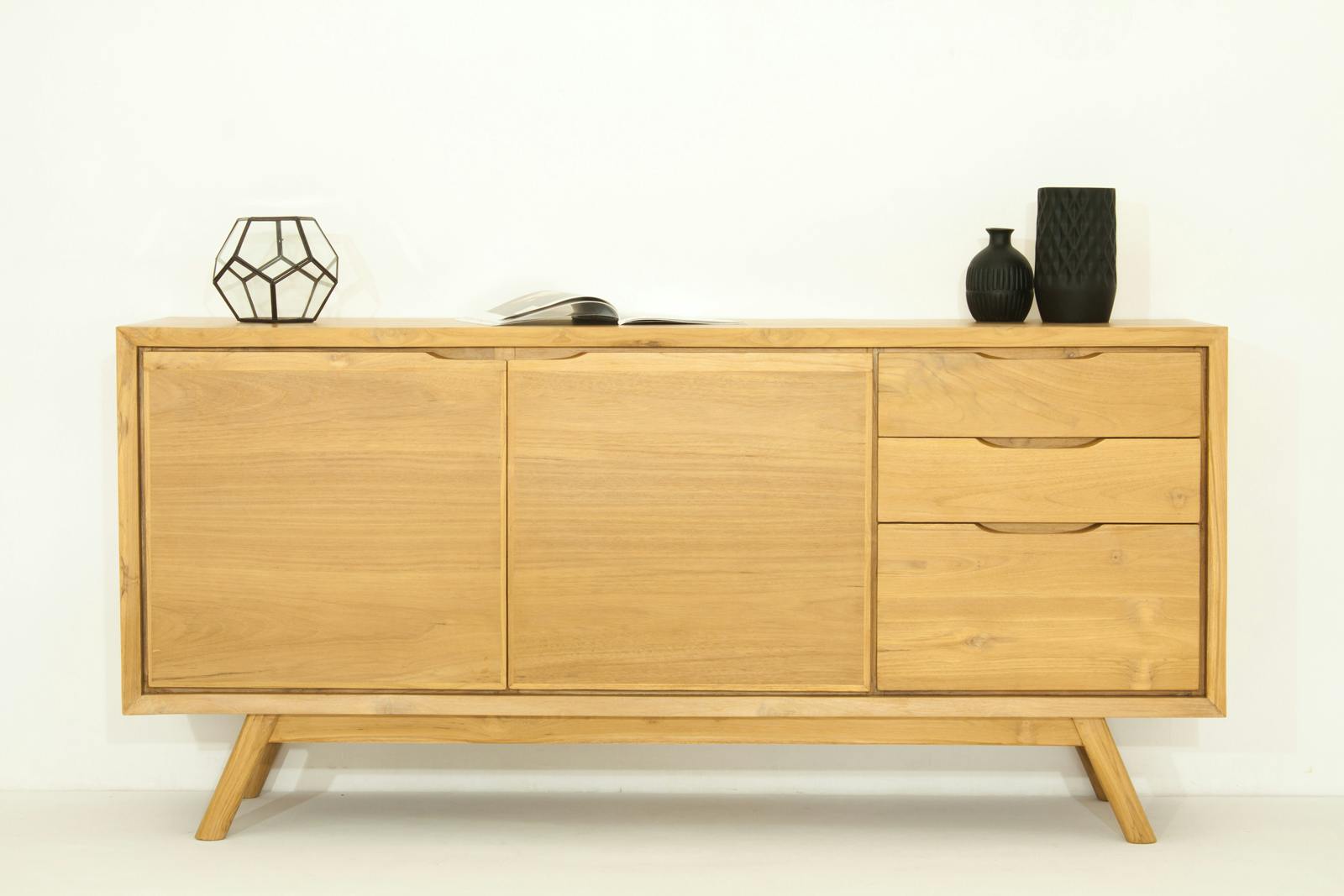 Buffet en Teck naturel, 2 portes et 3 tiroirs 170x45x80cm FIFTEES