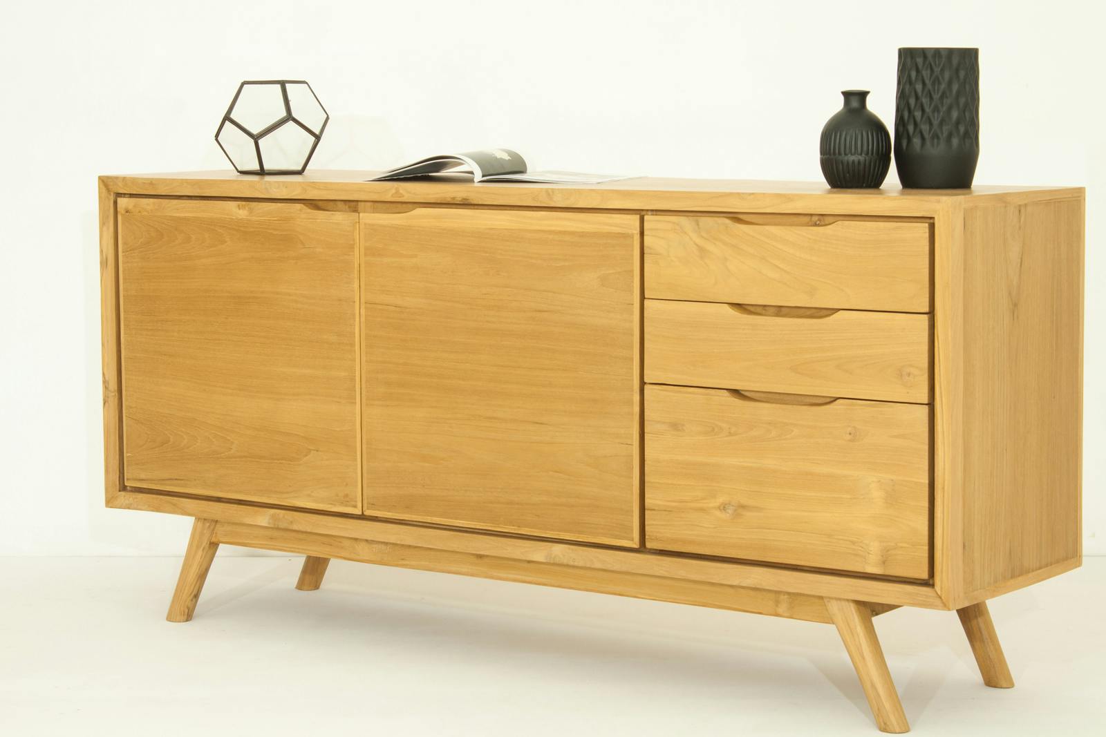 Buffet en Teck naturel, 2 portes et 3 tiroirs 170x45x80cm FIFTEES