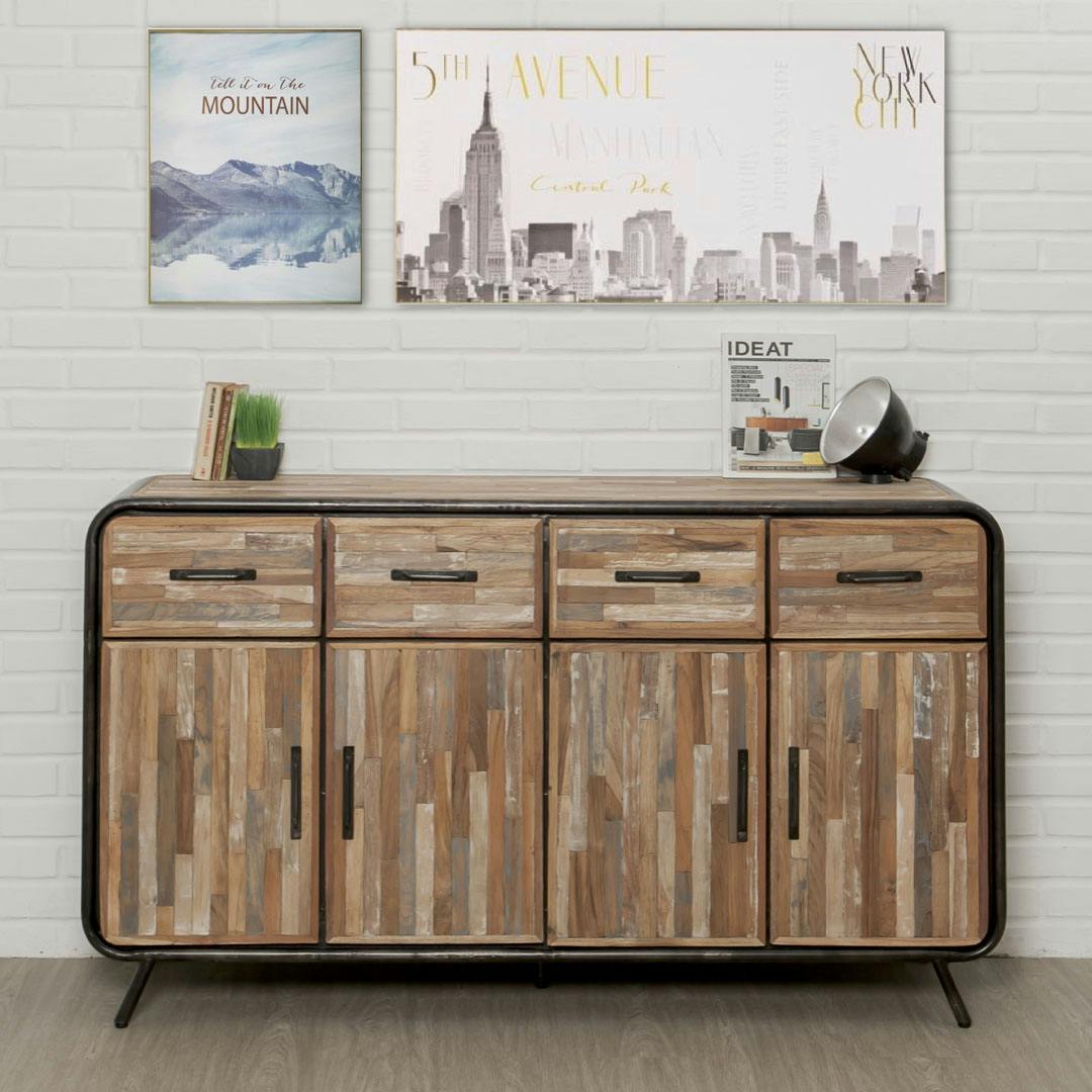 Buffet en teck recyclé et métal 4 portes 4 tiroirs FUSION