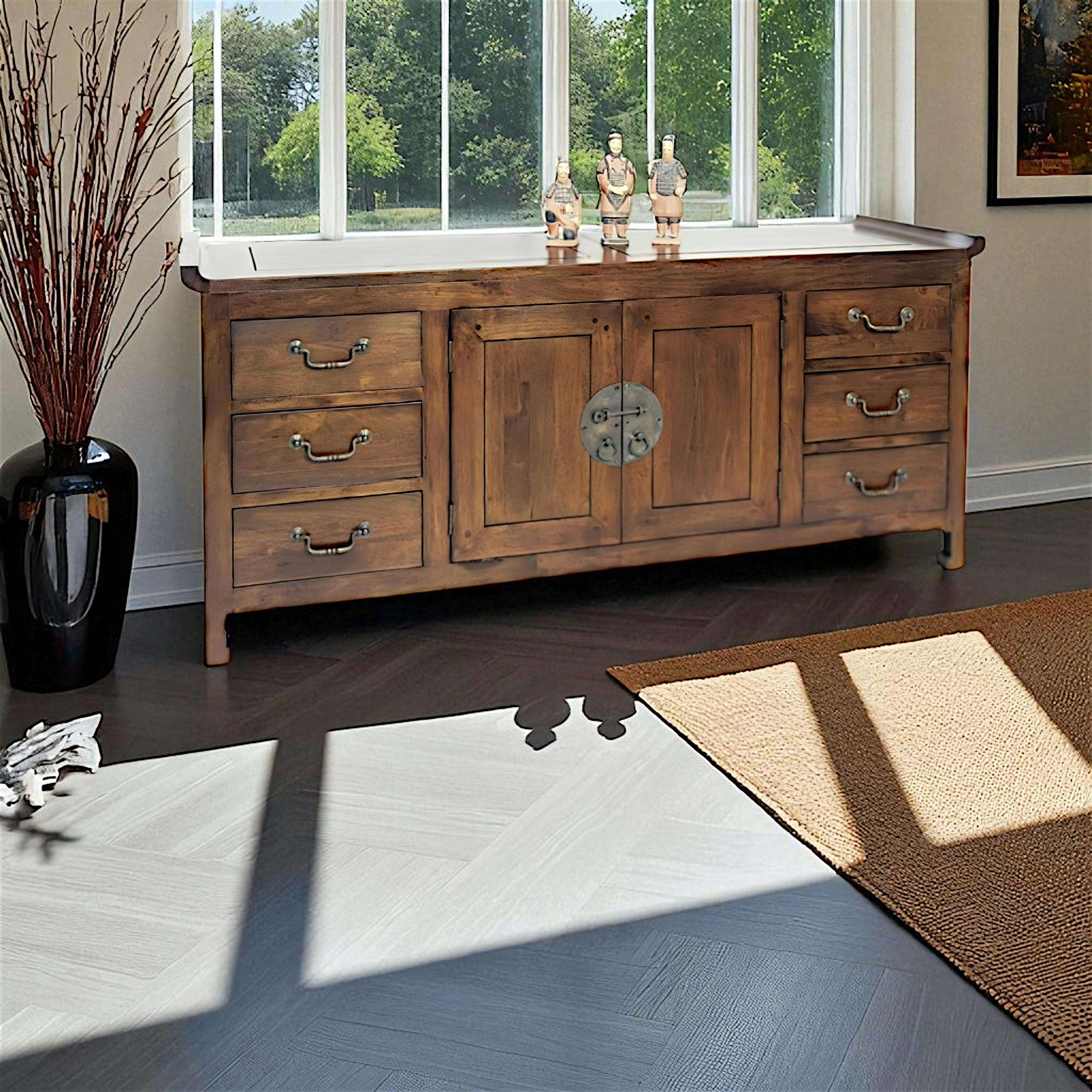 Buffet / Enfilade Chinois Hévéa 2 portes, 6 tiroirs 145x45x65cm MAORI