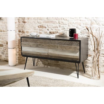 Buffet bahut en bois massif noir avec pieds metal epingles de style contemporain