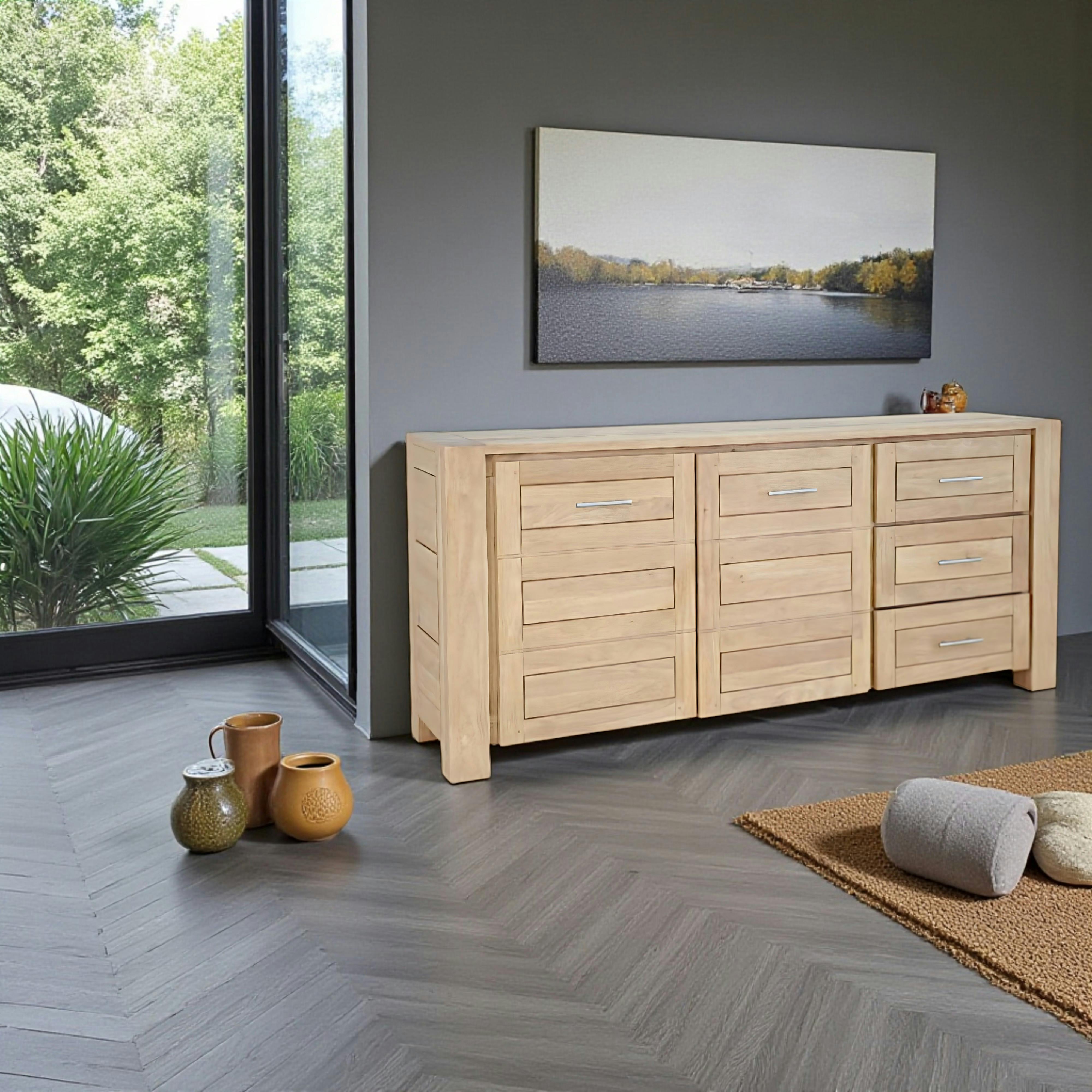 Buffet Enfilade Hévéa 2 portes, 3 tiroirs 190x45x85cm ATTAN