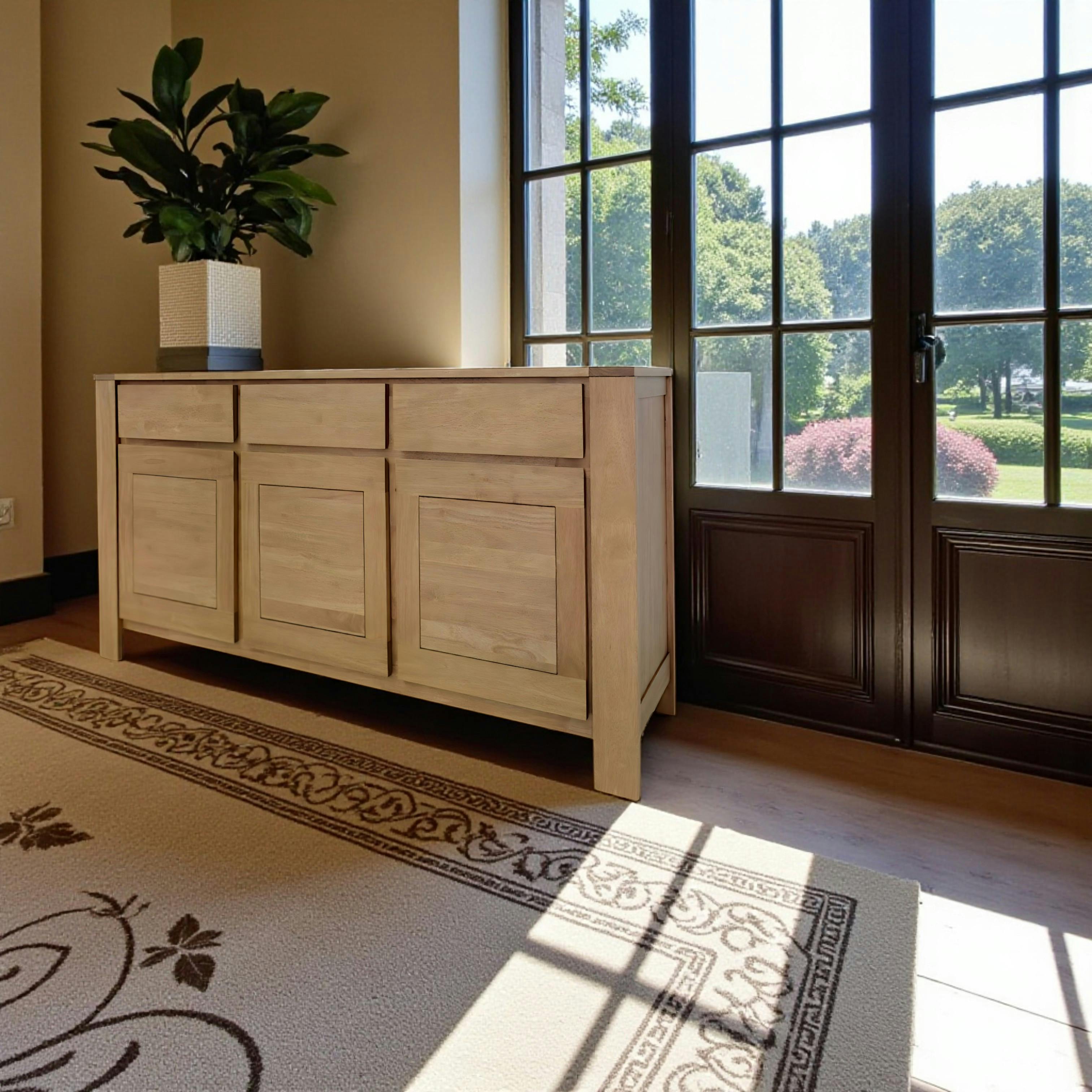 Buffet Enfilade Hévéa 3 portes, 3 tiroirs, 160x45x90cm OLGA