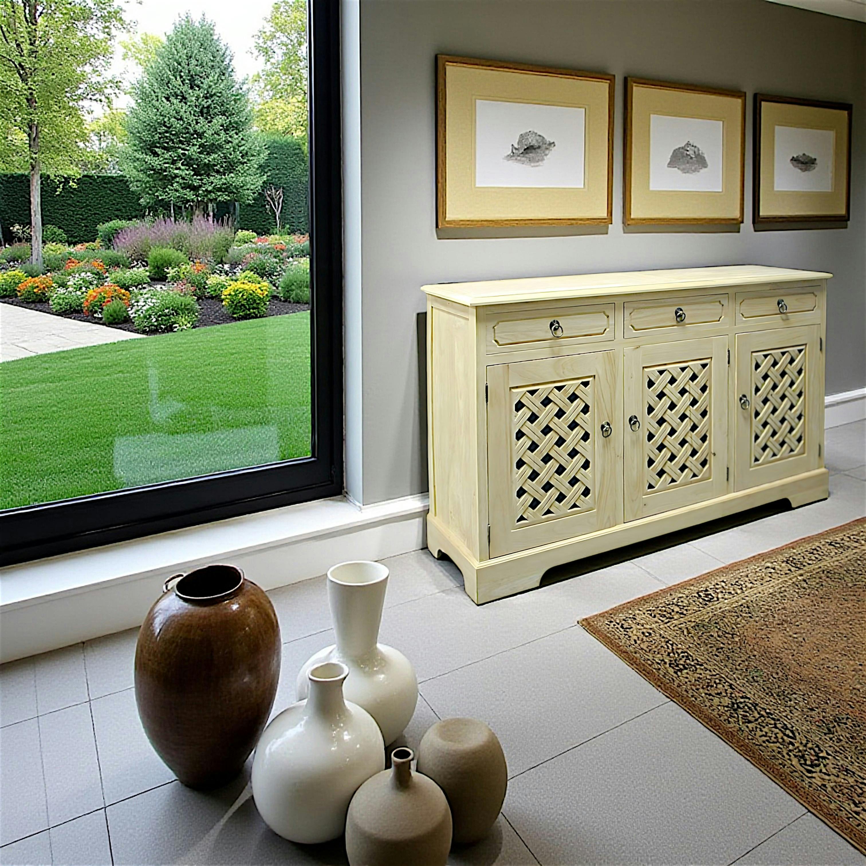 Buffet Enfilade Hévéa 3 portes motif tressé, 3 tiroirs 146x44x90cm MAORI