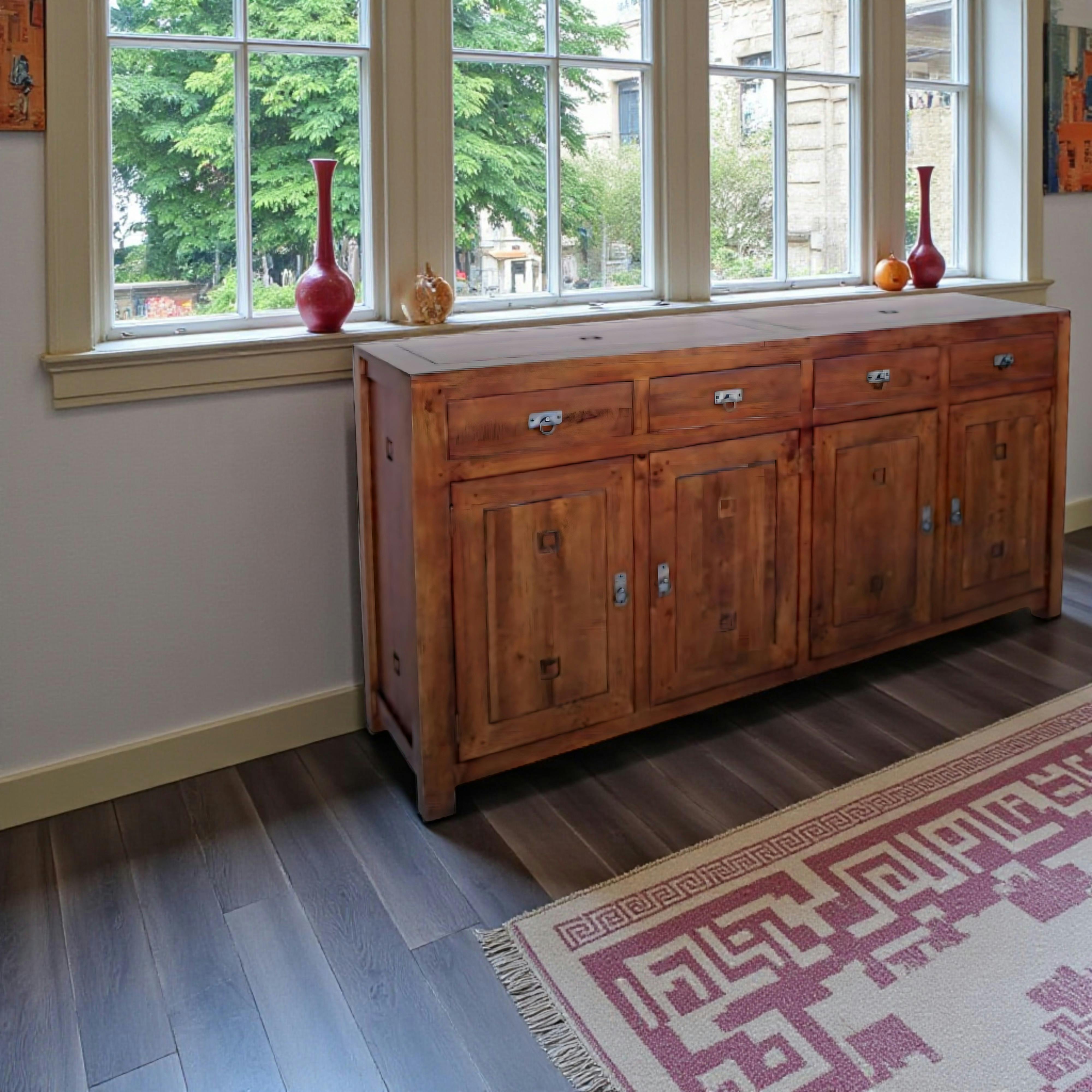 Buffet Enfilade Hévéa 4 portes, 4 tiroirs 200x50x100cm TESSA