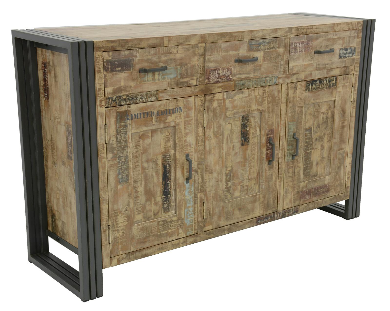 Buffet enfilade hévéa recyclé blanchi et métal noirci 3 tiroirs 3 portes 150X45X90cm DOCKER