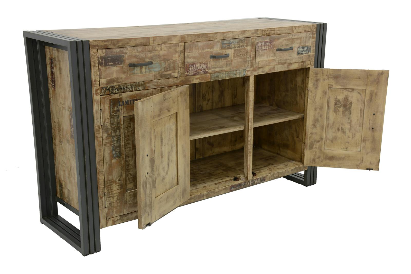 Buffet enfilade hévéa recyclé blanchi et métal noirci 3 tiroirs 3 portes 150X45X90cm DOCKER