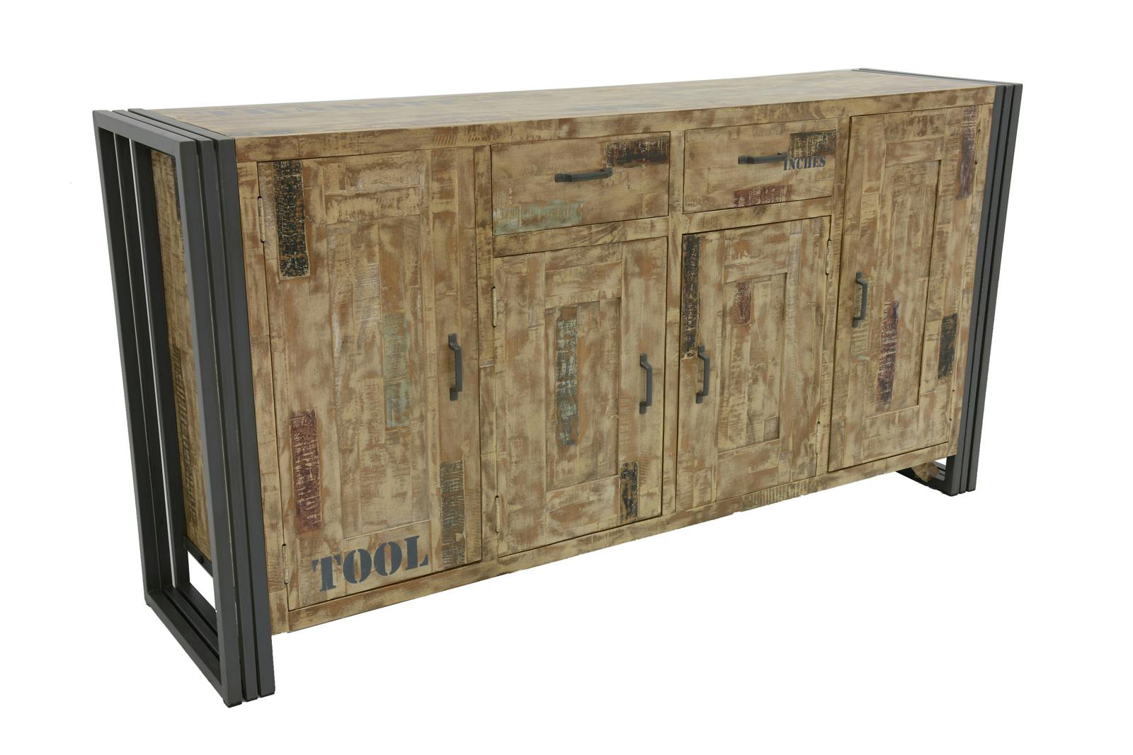 Buffet enfilade hévéa recyclé blanchi et métal noirci 4 portes 2 tiroirs 180X45X90cm DOCKER