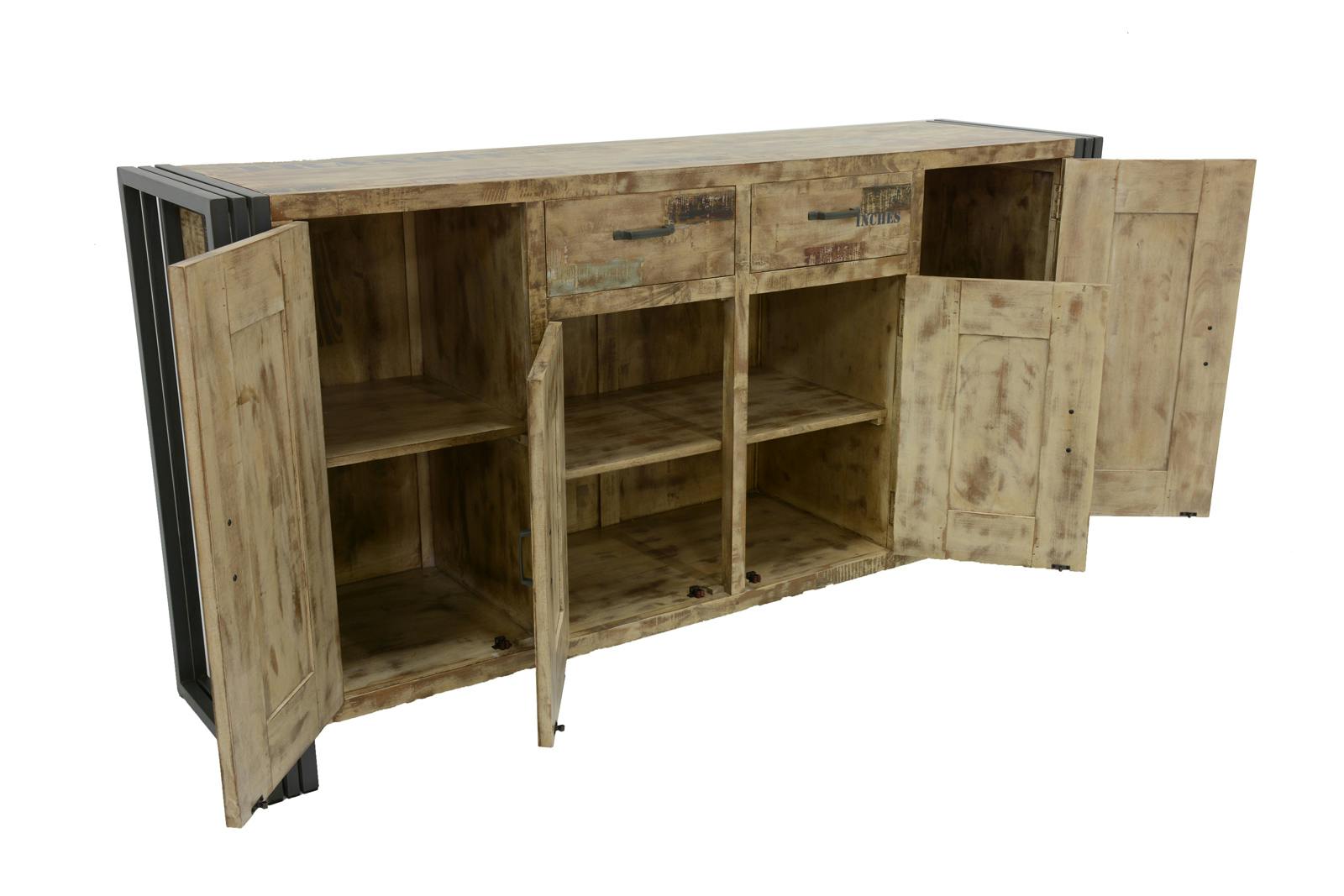 Buffet enfilade hévéa recyclé blanchi et métal noirci 4 portes 2 tiroirs 180X45X90cm DOCKER