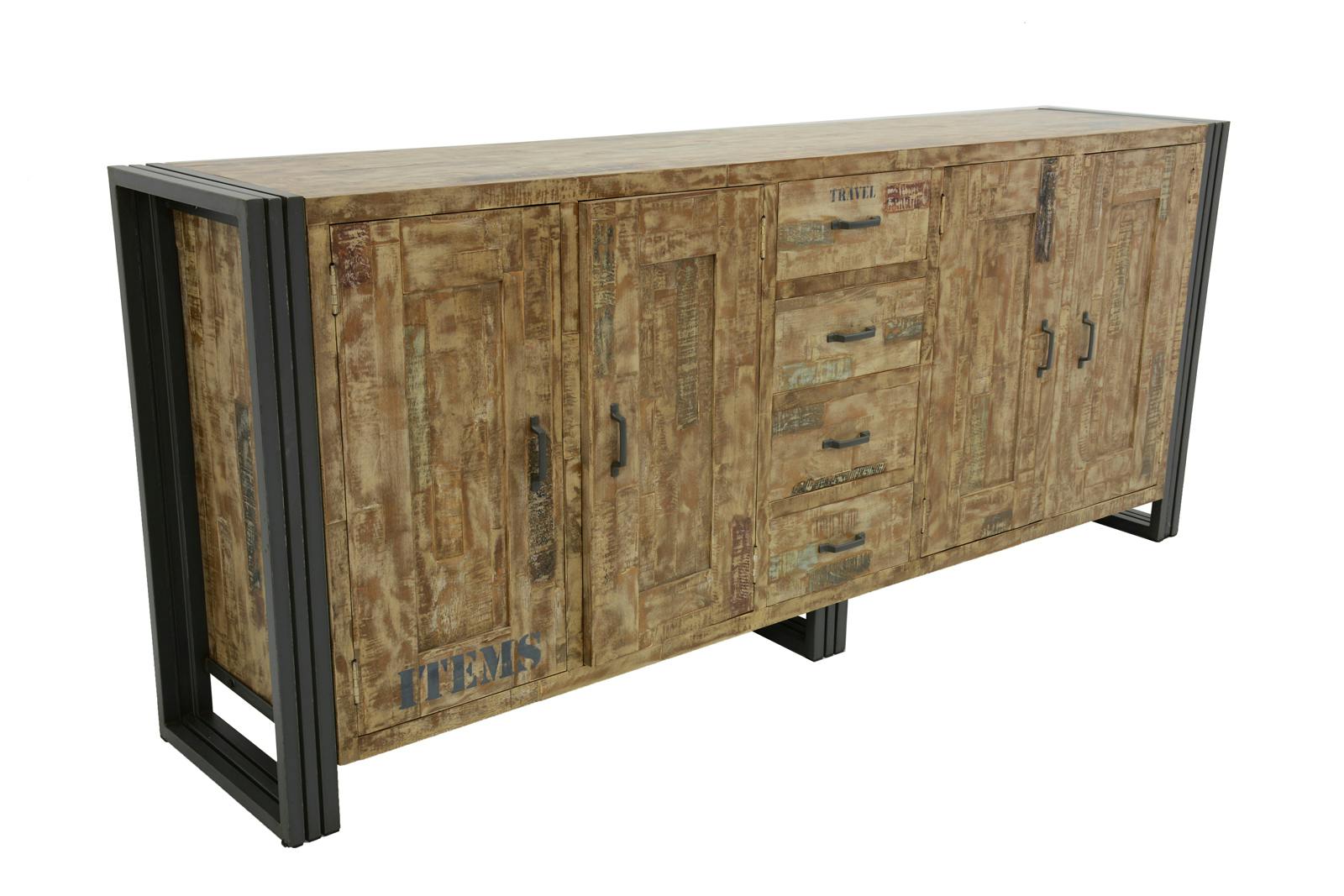 Buffet enfilade hévéa recyclé blanchi et métal noirci 4 tiroirs 4 portes 220X45X90cm DOCKER