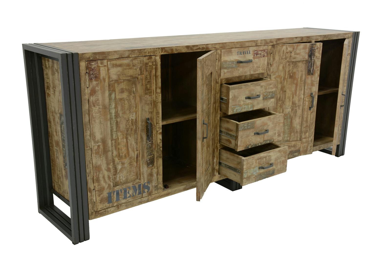 Buffet enfilade hévéa recyclé blanchi et métal noirci 4 tiroirs 4 portes 220X45X90cm DOCKER