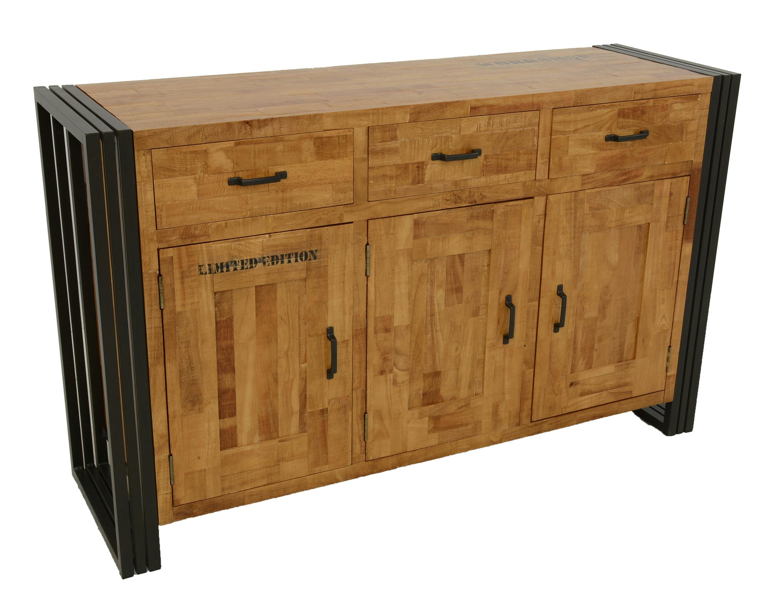 Buffet enfilade hévéa recyclé naturel et métal noirci 3 tiroirs 3 portes 150X45X90cm DOCKER