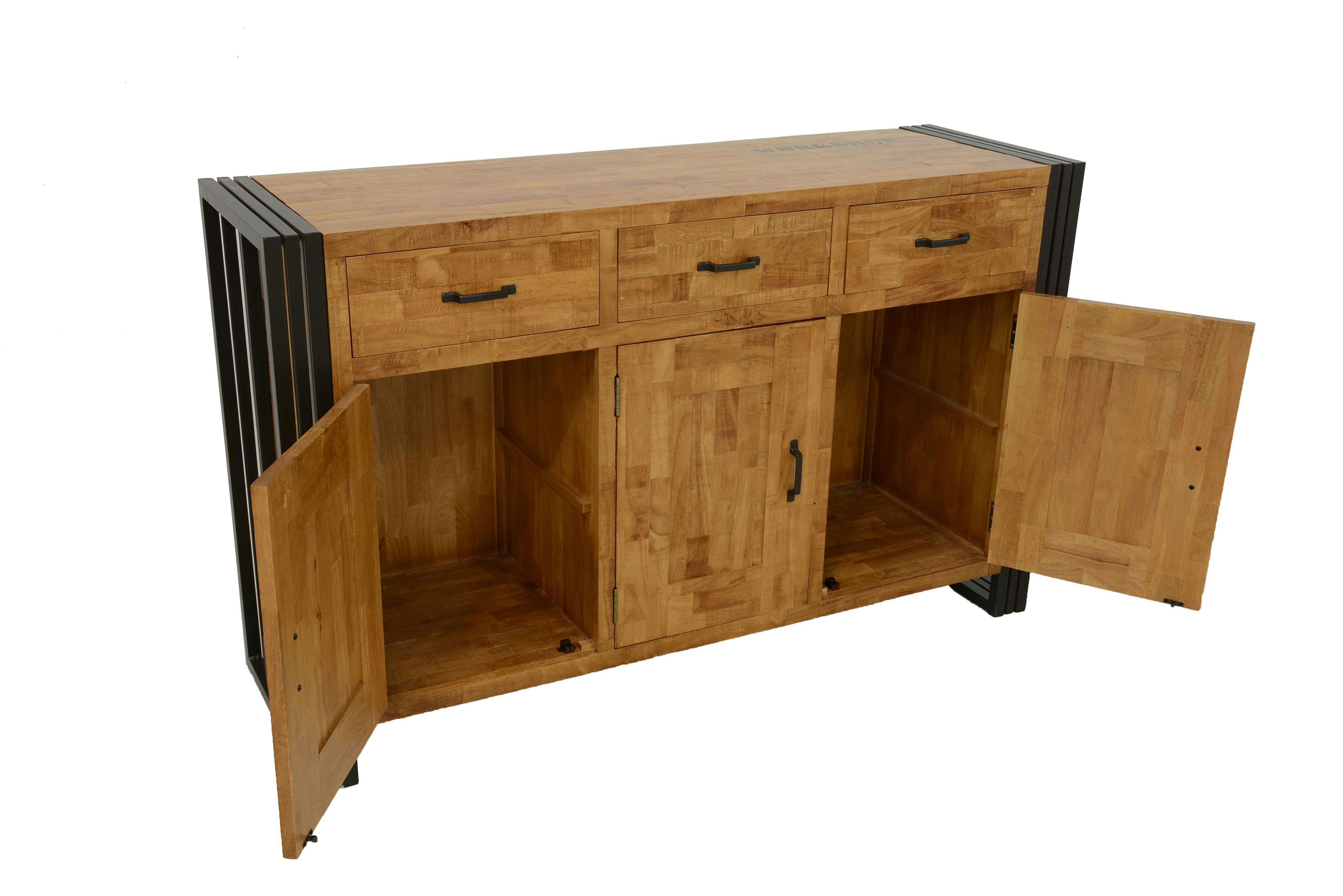 Buffet enfilade hévéa recyclé naturel et métal noirci 3 tiroirs 3 portes 150X45X90cm DOCKER