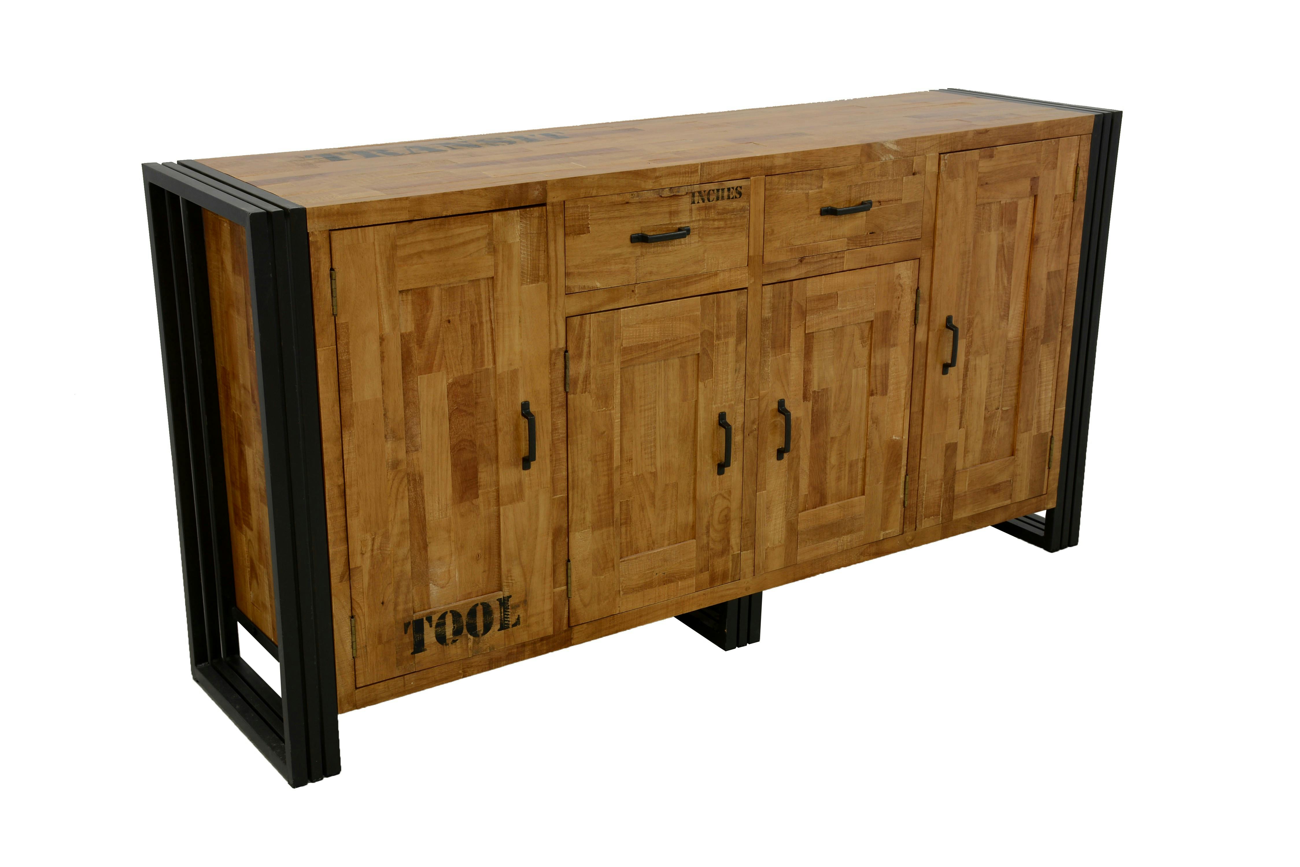 Buffet enfilade hévéa recyclé naturel et métal noirci 4 portes 2 tiroirs 180X45X90cm DOCKER