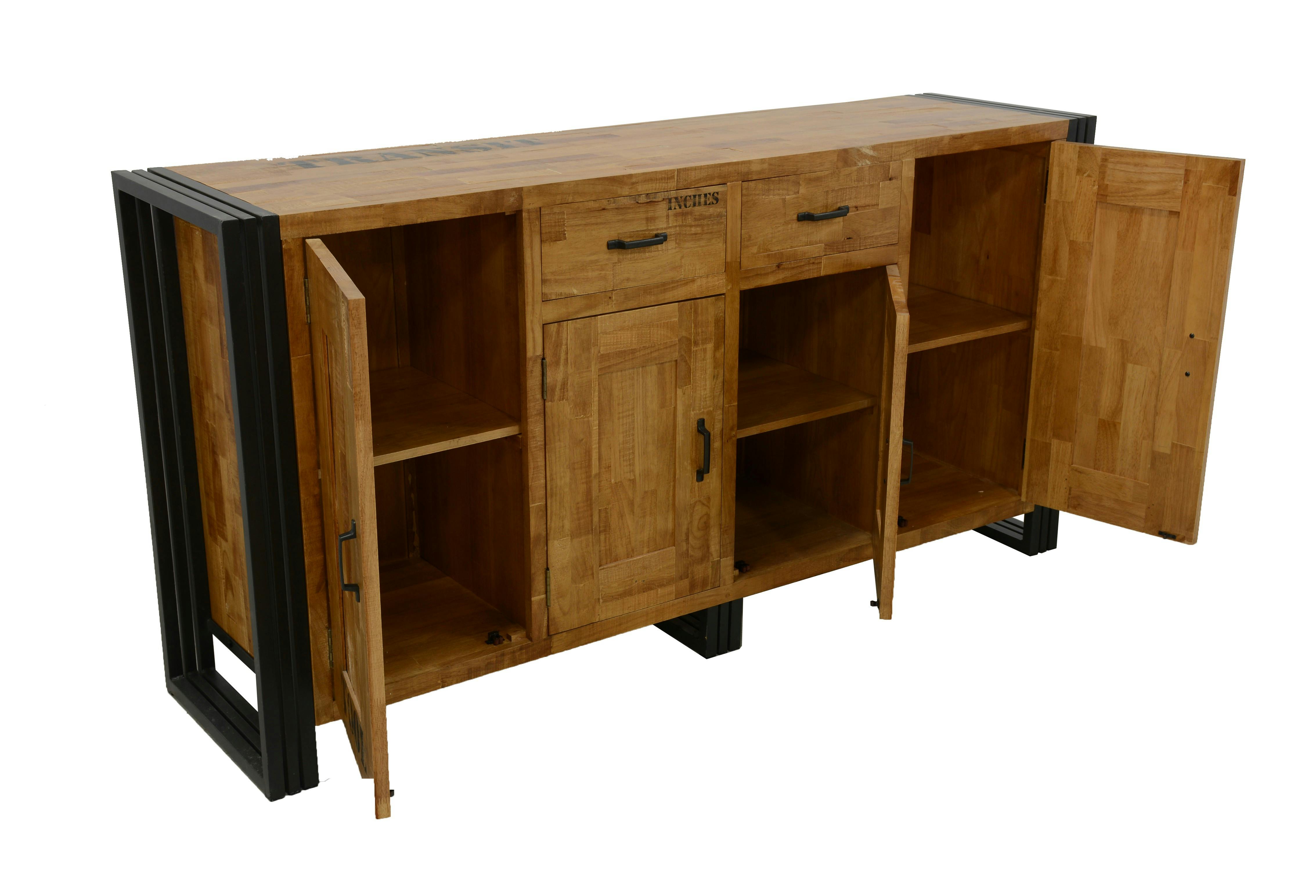 Buffet enfilade hévéa recyclé naturel et métal noirci 4 portes 2 tiroirs 180X45X90cm DOCKER