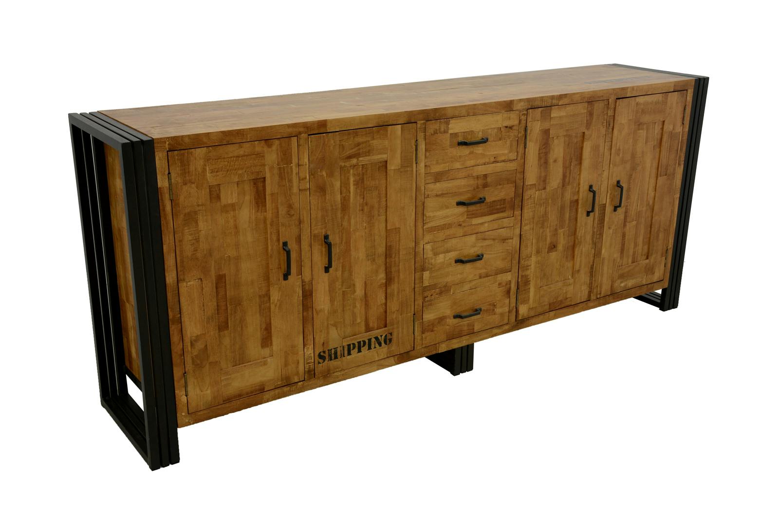 Buffet enfilade hévéa recyclé naturel et métal noirci  4 tiroirs 4 portes 220X45X90cm DOCKER