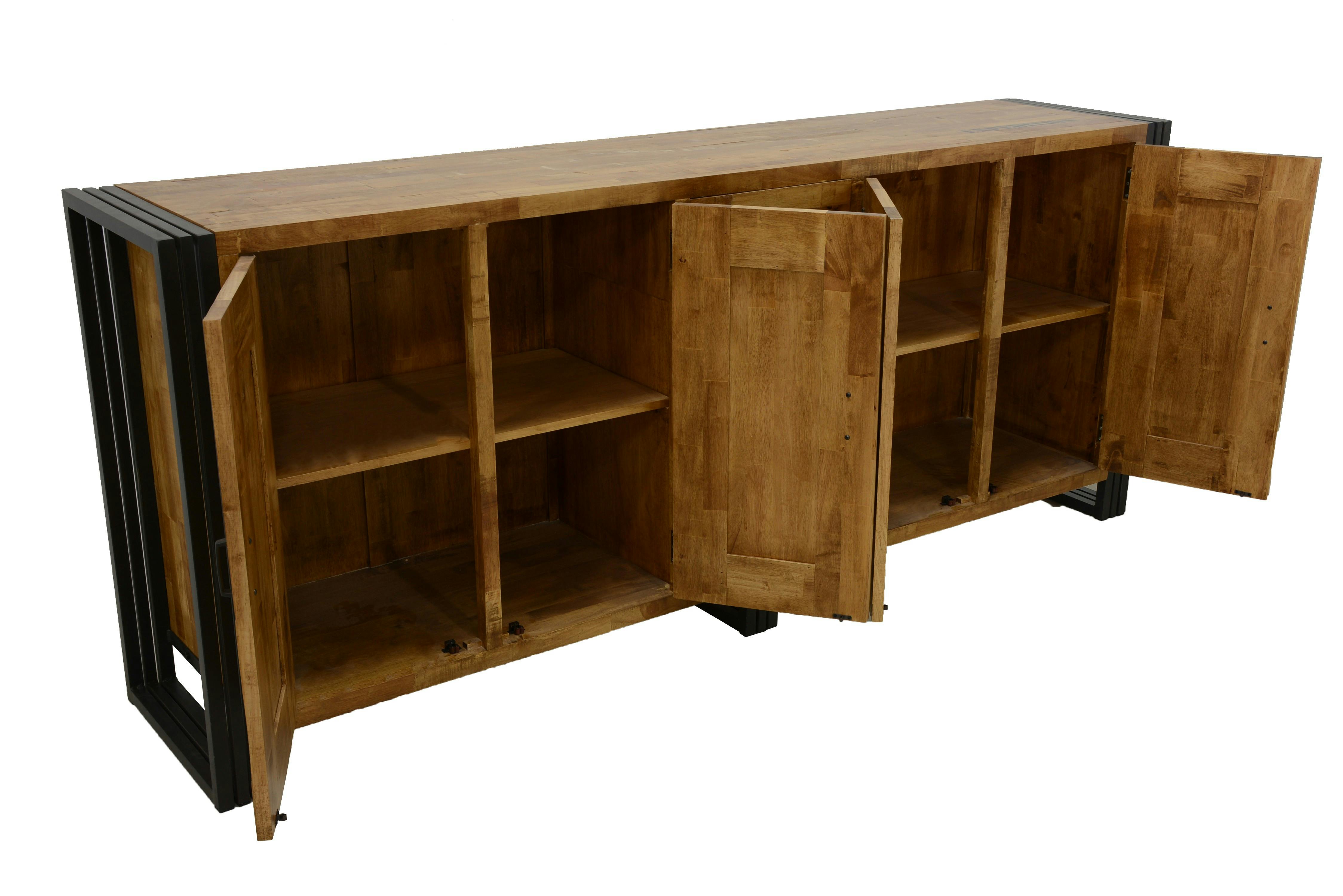 Buffet enfilade hévéa recyclé naturel et métal noirci  4 tiroirs 4 portes 220X45X90cm DOCKER