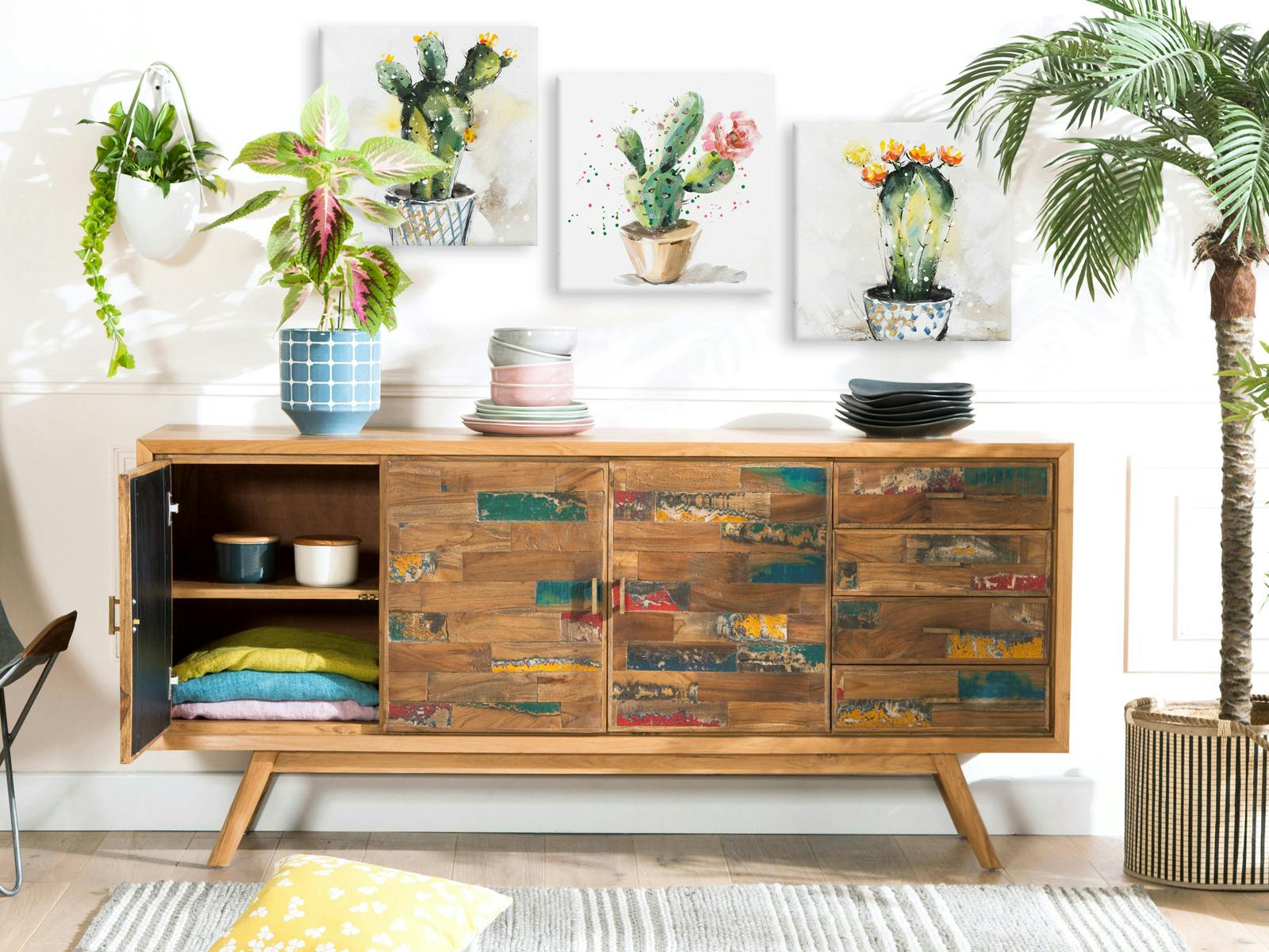 Buffet enfilade teck recyclé coloré 3 portes 4 tiroirs LOMBOK