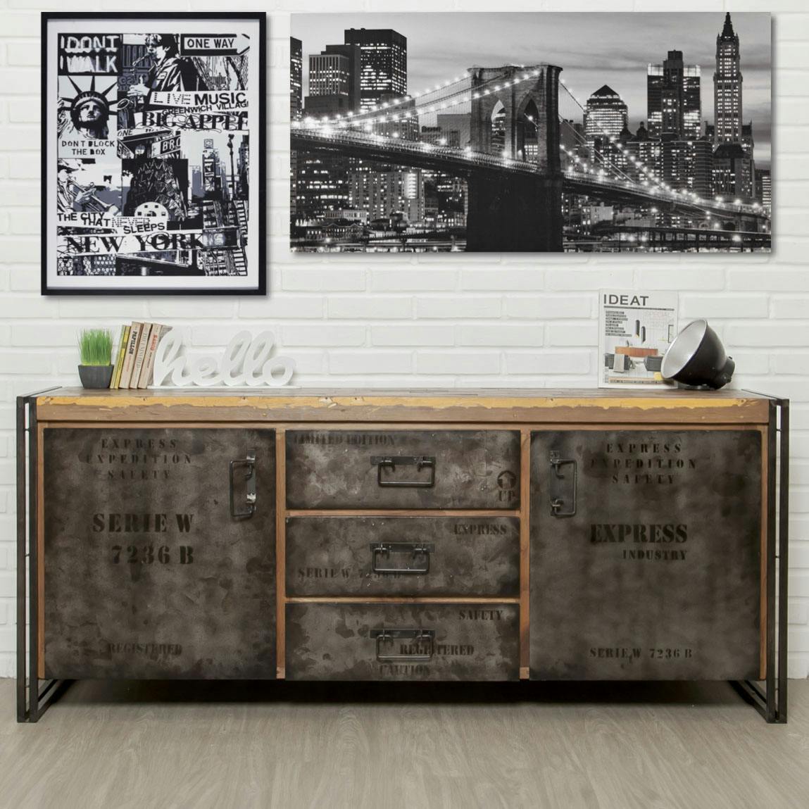 Buffet enfilade teck recyclé et métal 190 cm FACTORY