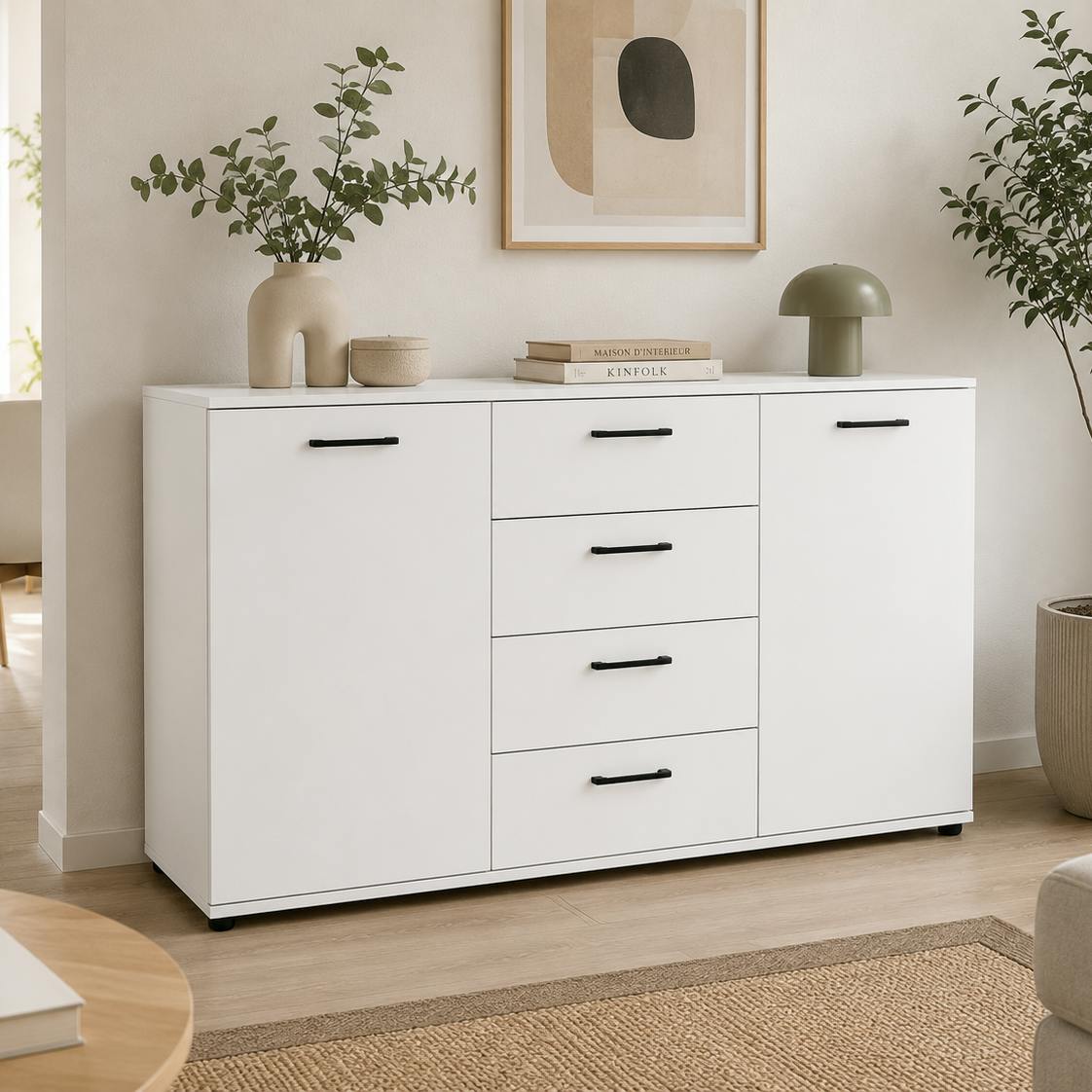 Buffet étroit blanc 2 portes 4 tiroirs ALVA