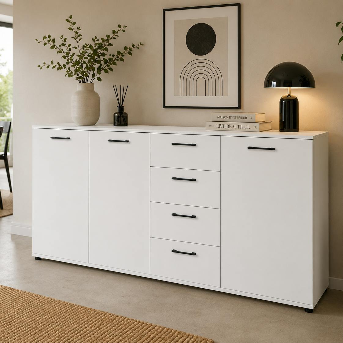 Buffet étroit blanc 3 portes 4 tiroirs ALVA