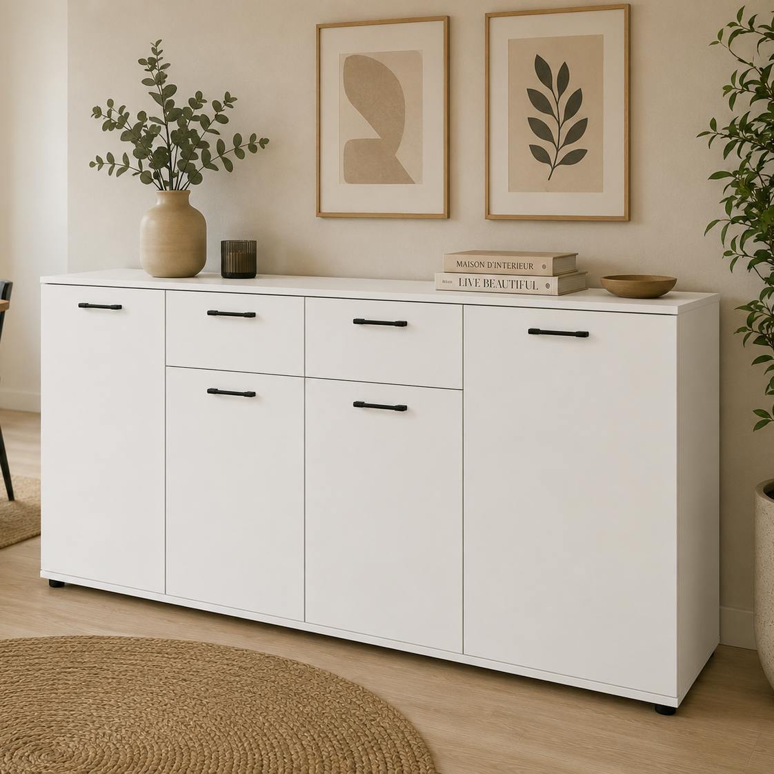Buffet étroit blanc 4 portes 2 tiroirs ALVA