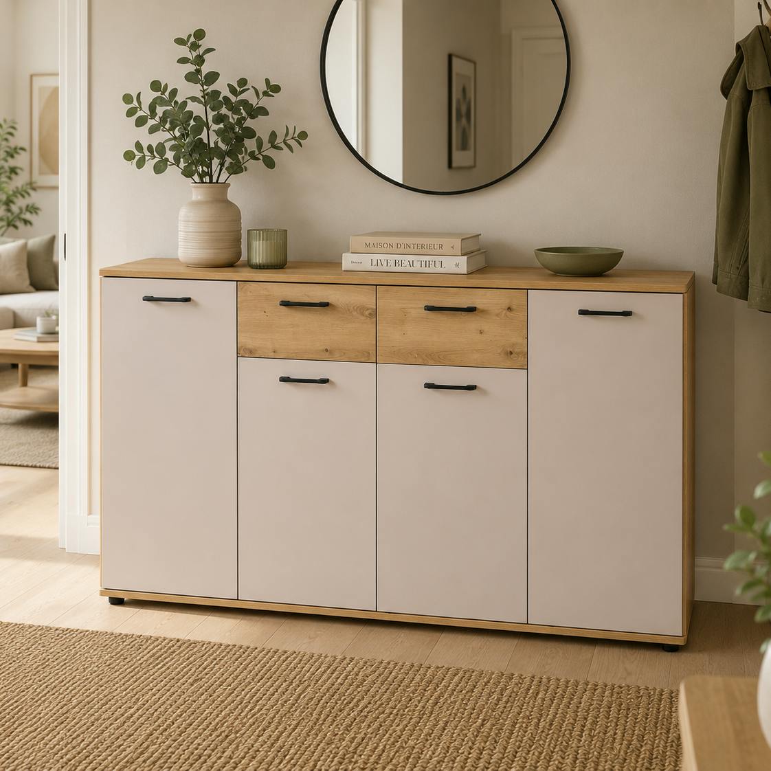 Buffet étroit décor bois et beige 4 portes ALVA
