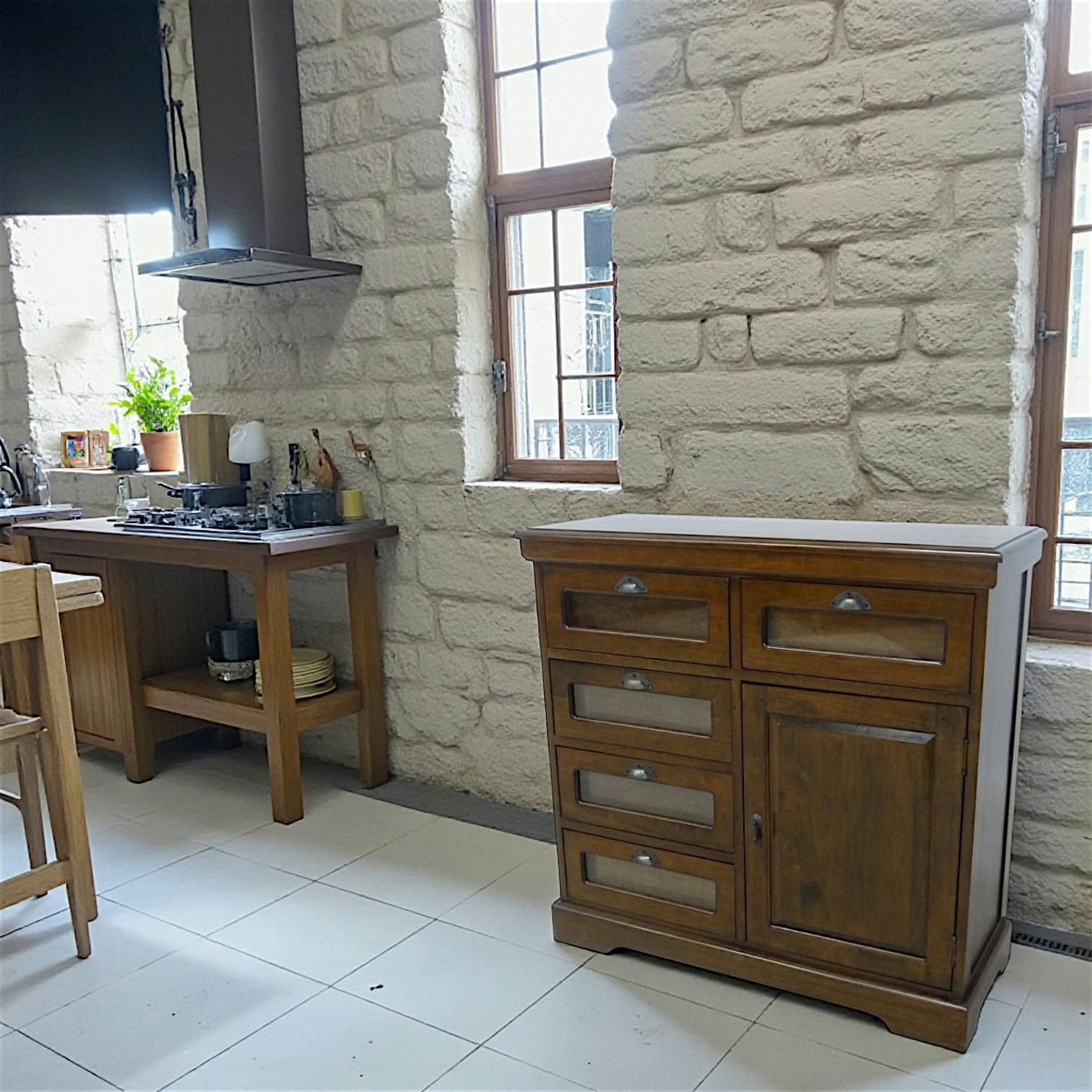Buffet grainetier 5 tiroirs 1 portes hévéa 100x40x96cm TRADITION