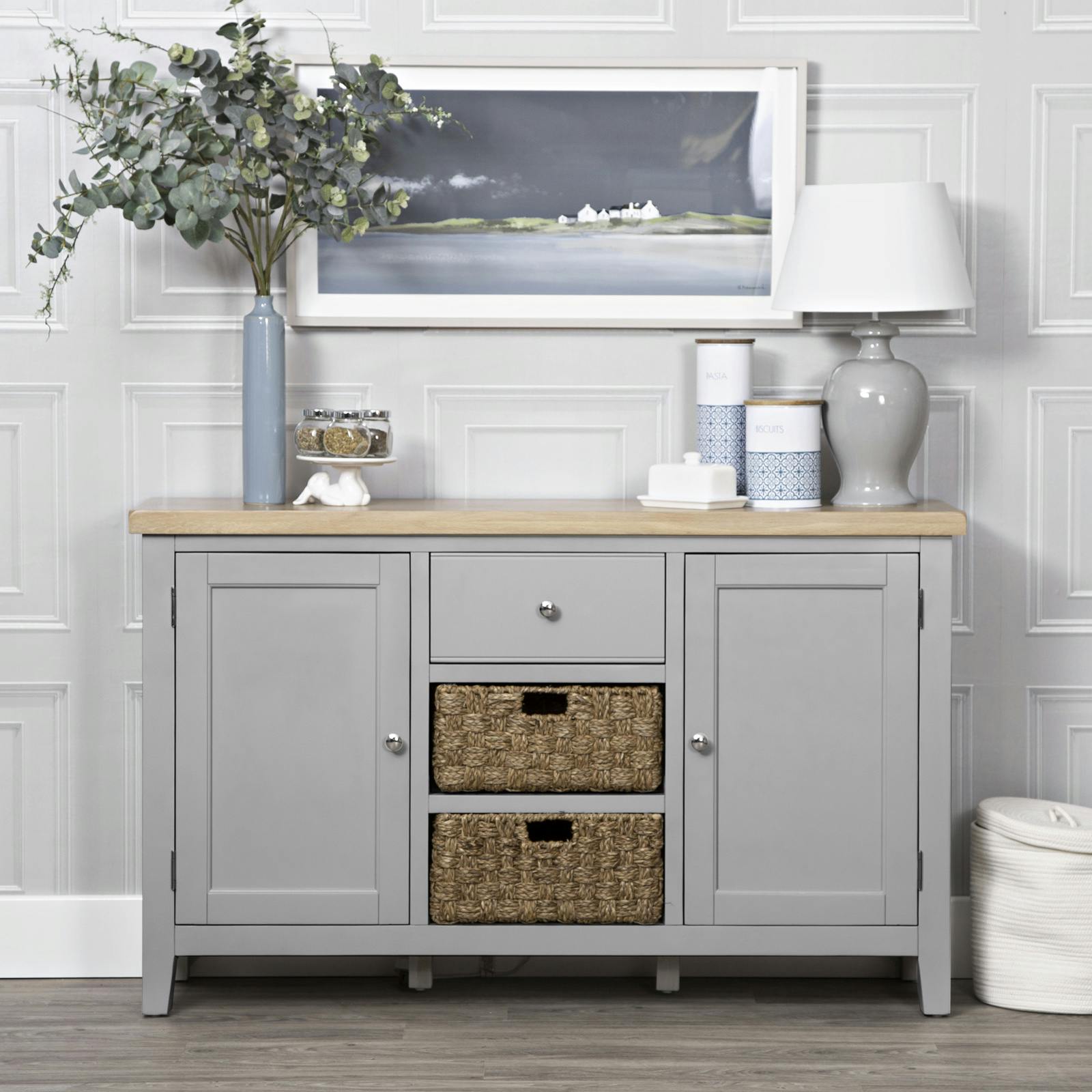 Buffet gris en chêne avec paniers de rangement PAROS