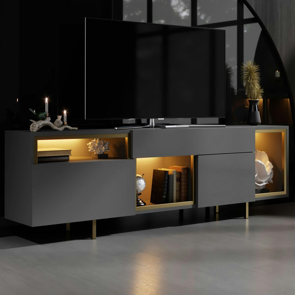 buffet gris foncé et doré 2 portes 3 niches LED AURA