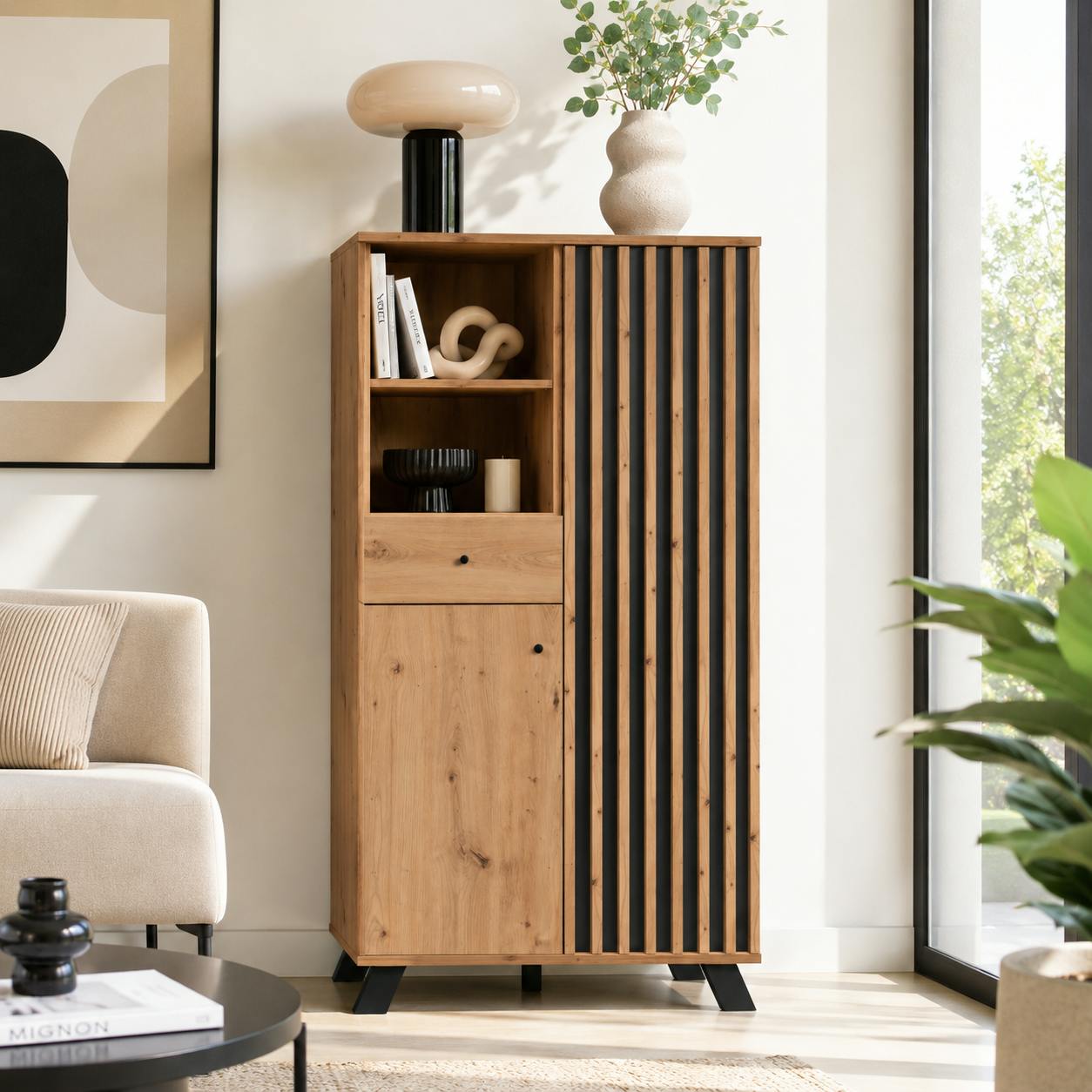 Buffet haut 1 porte noire rainurée 80 cm ALVA