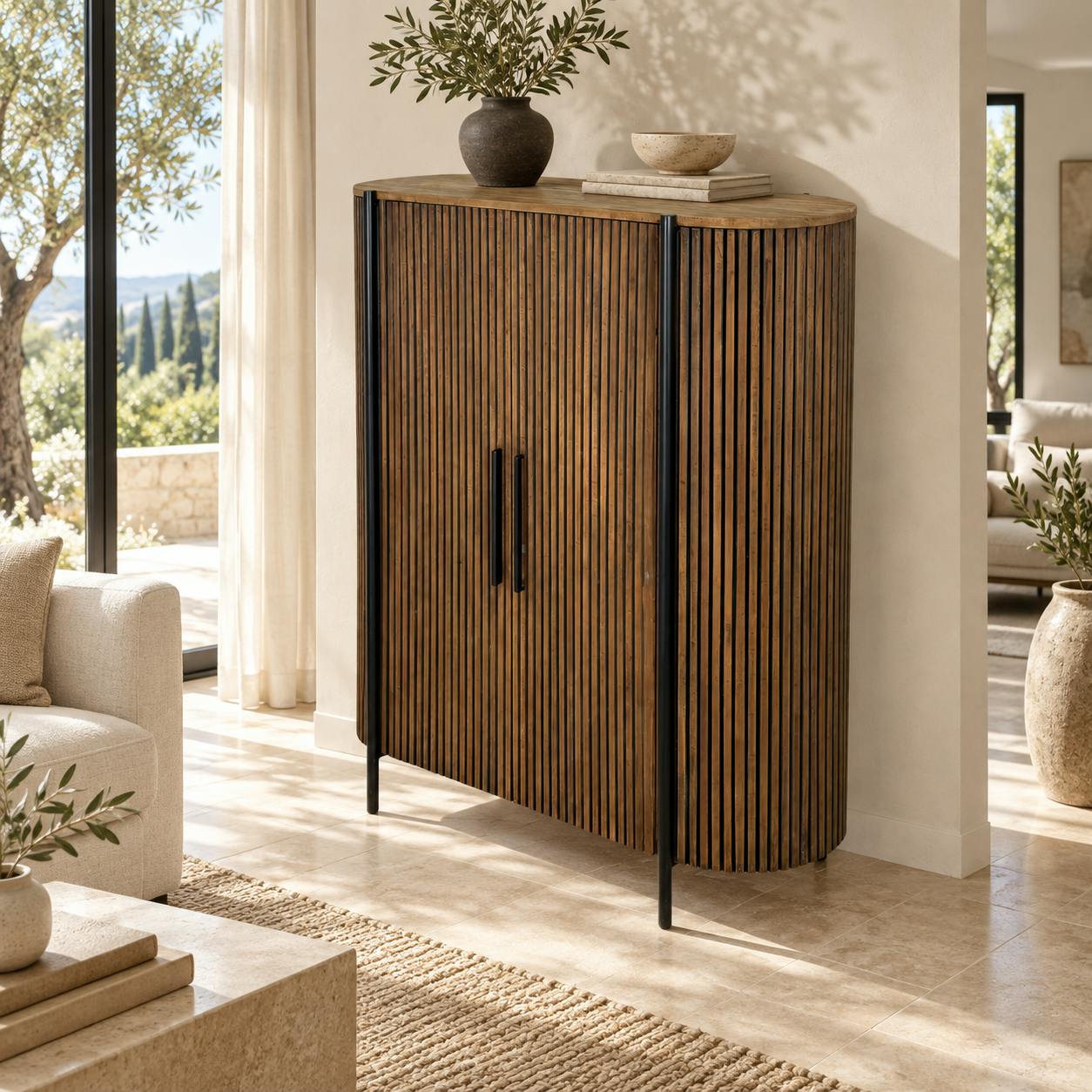 Buffet haut 2 portes côtés arrondis bois naturel TRANI