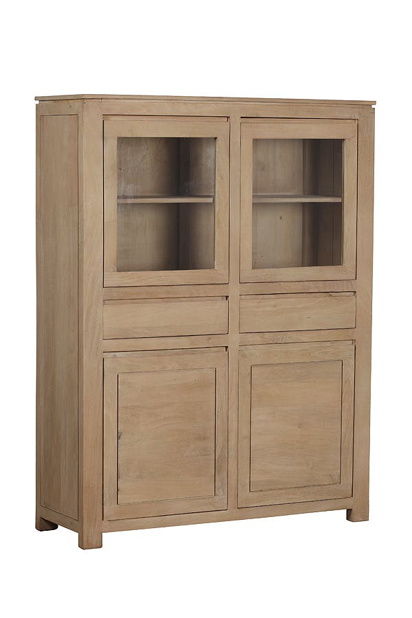 Buffet haut 4 portes dont 2 vitrées, 2 tiroirs Manguier massif 113x40x150cm BOREAL CLAIR