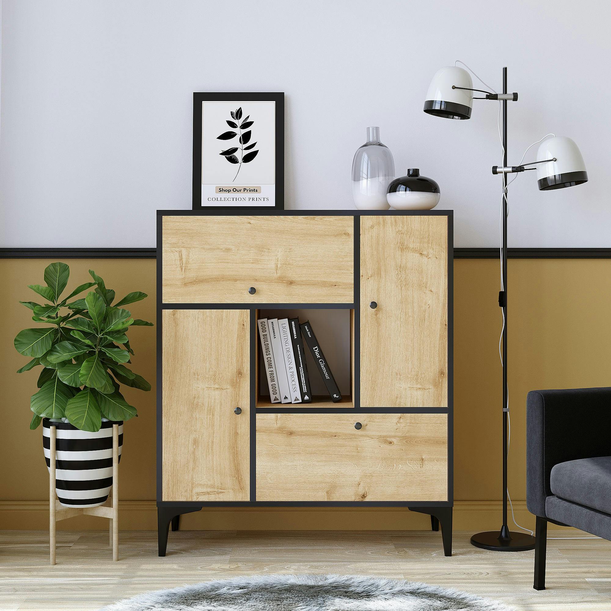 Buffet haut avec niche centrale - effet chêne JENA