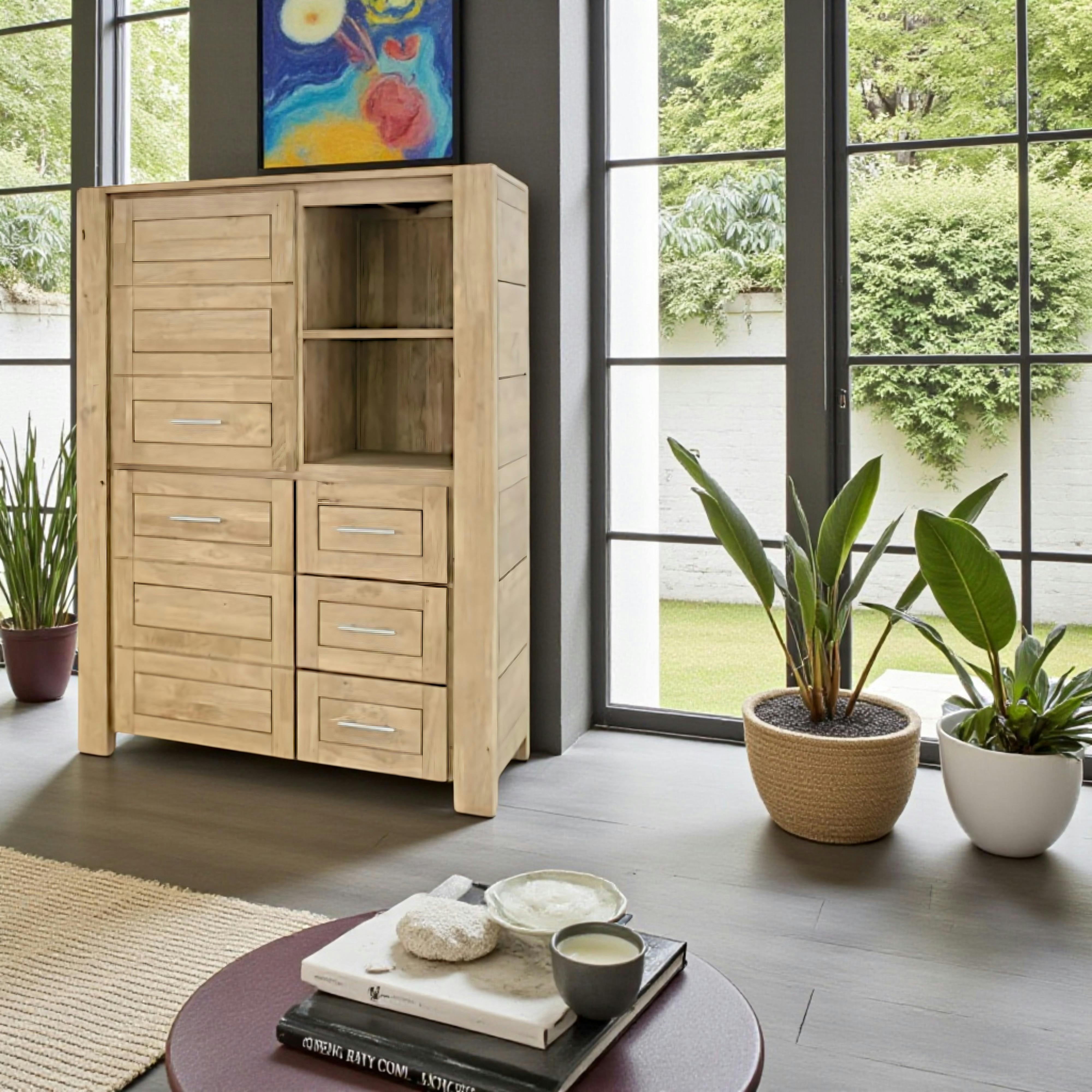 Buffet haut / Bibliothèque Hévéa 2 portes, 3 tiroirs, 2 niches 120x45x162cm ATTAN