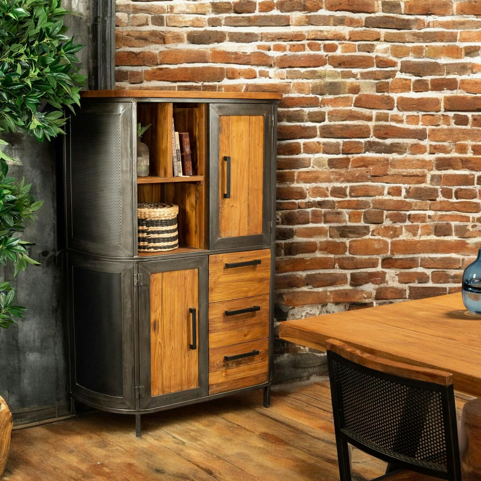 Buffet haut bois de teck métal ajouré CHICAGO