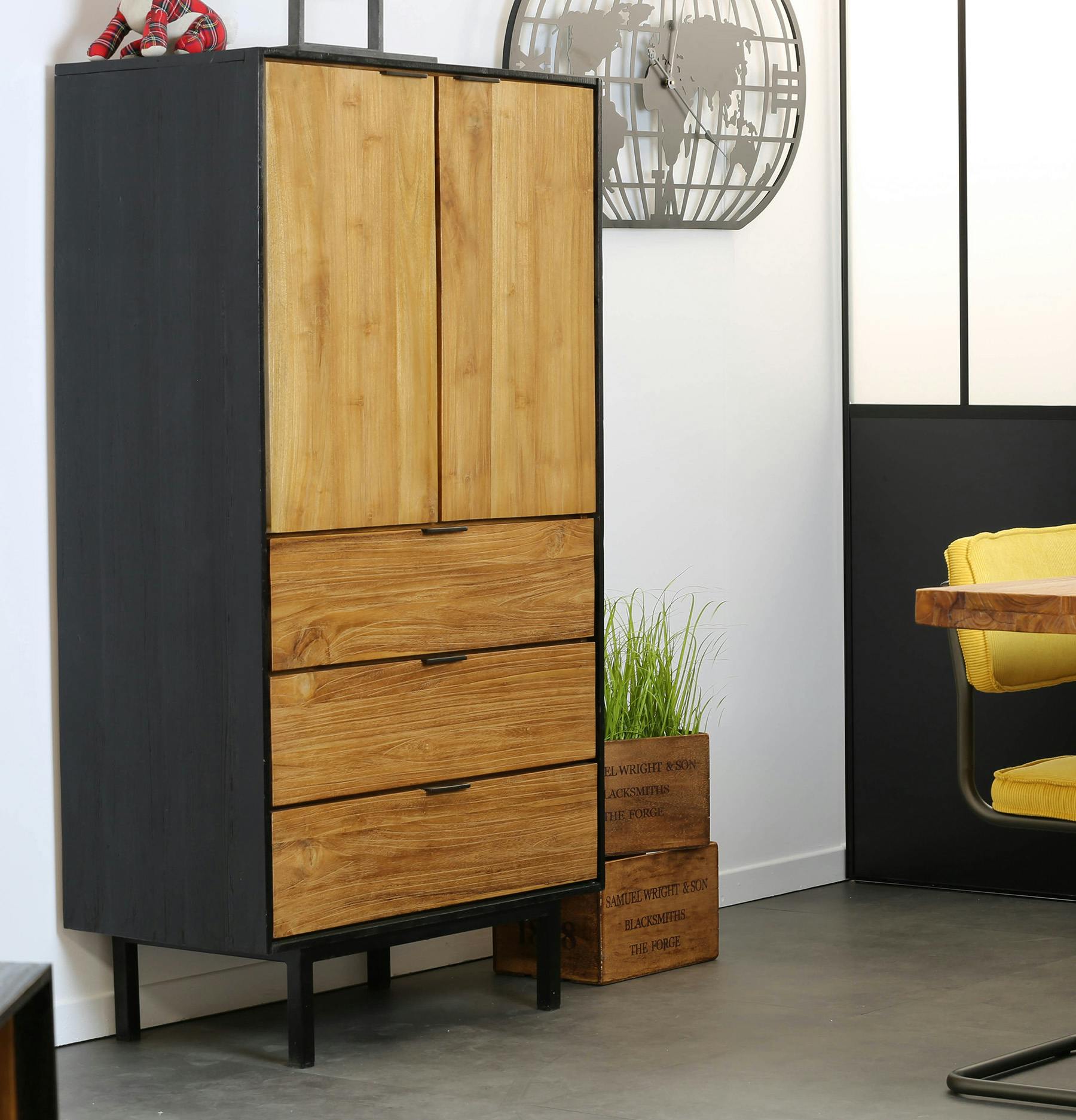 Buffet haut bois de teck recyclé noir et naturel KANPUR